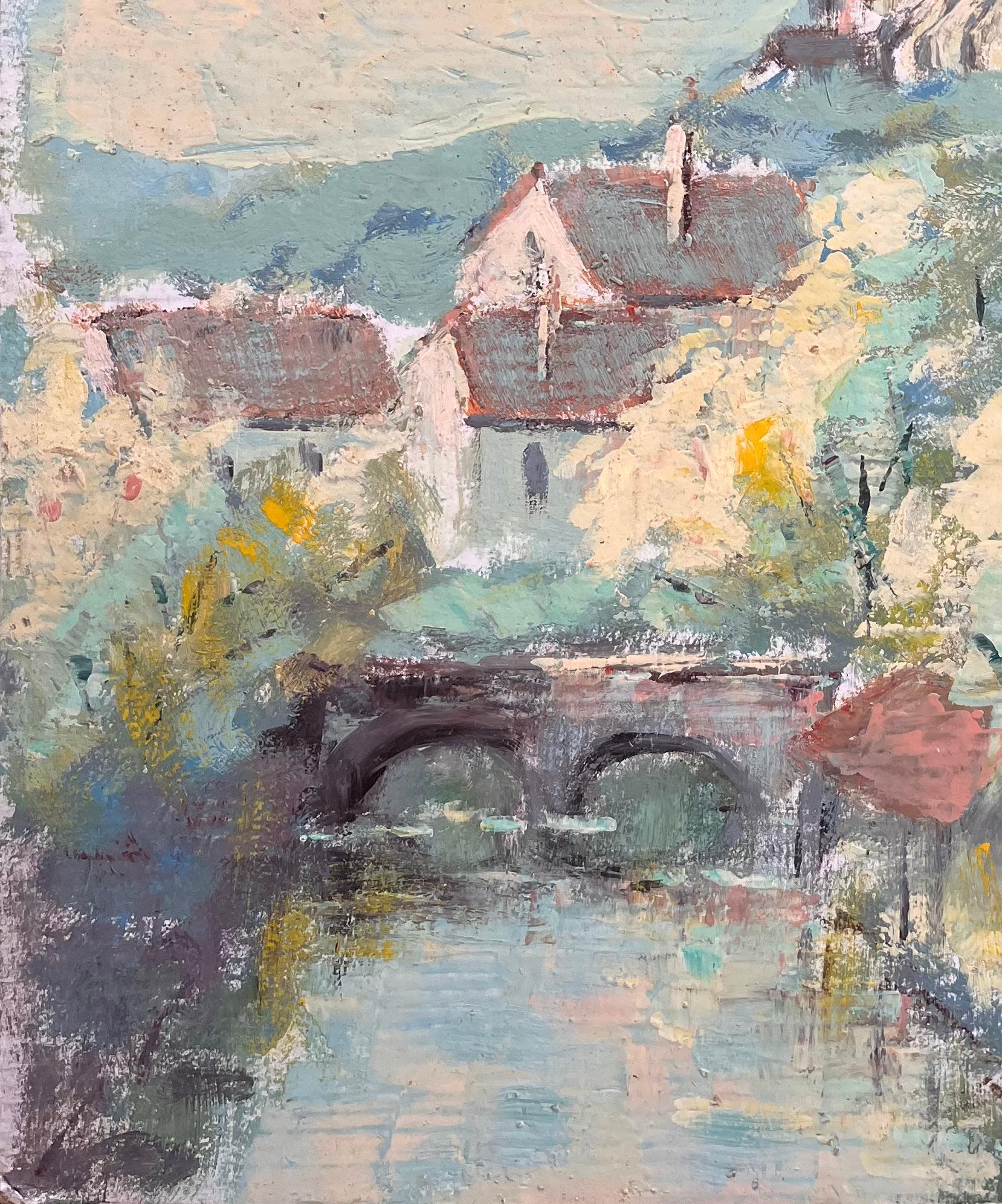 Titre : Vue impressionniste d'une cathédrale et d'un pont au sommet d'une colline et d'un village riverain
Par Fanch Les
Taille : 18.25 x 15 pouces (hauteur x largeur)
Peinture à l'huile sur carton, non encadrée
Condit : La peinture est en bon état,