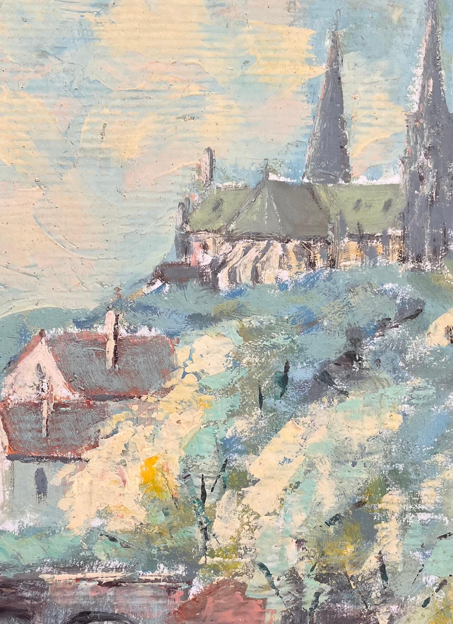 Vue impressionniste de la cathédrale et du pont et du village de Riverside en vente 2