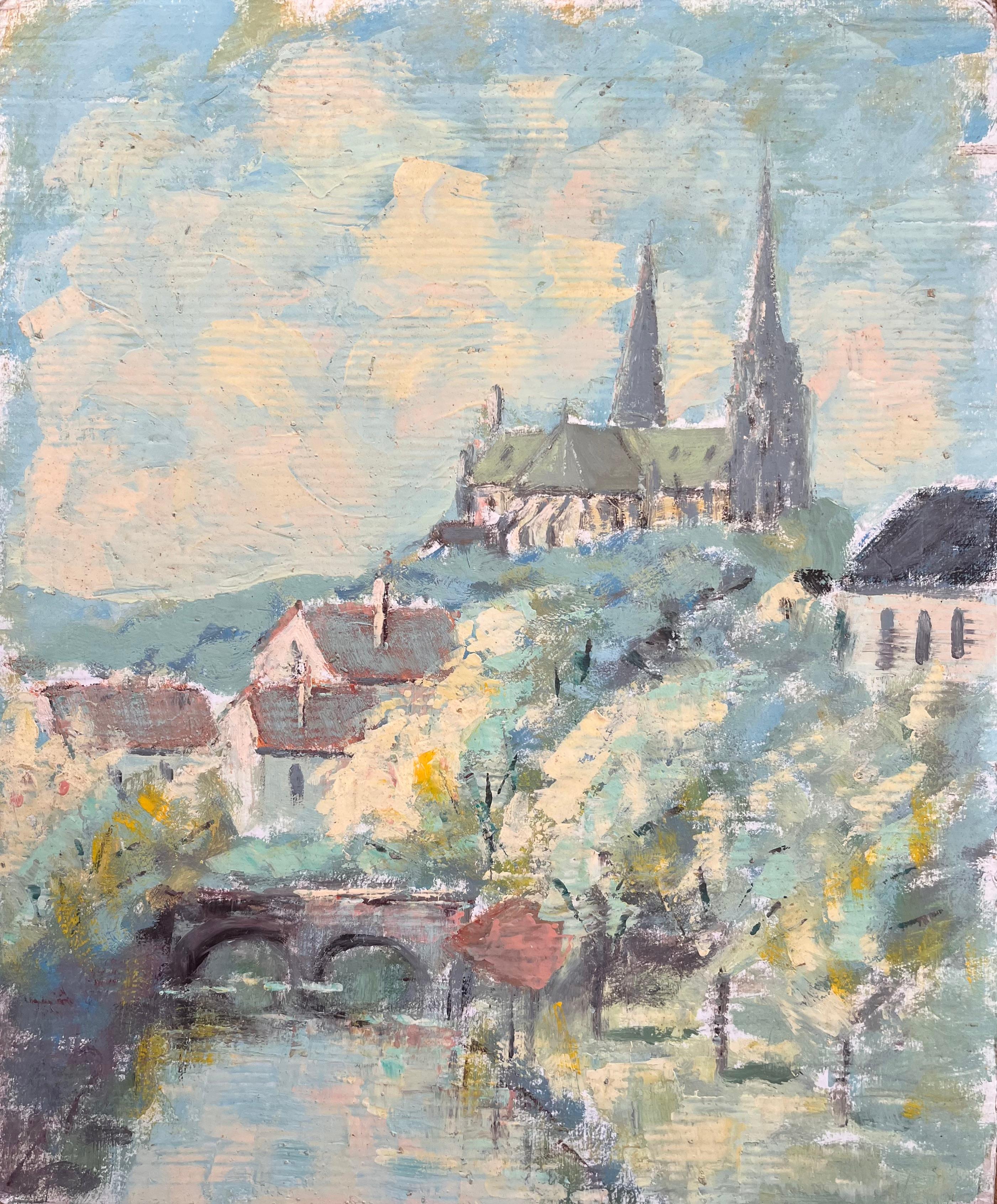 Impressionistische Ansicht der Kathedrale und der Brücke und des Flussufers am Hilltop