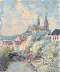 Impressionist View of Hilltop Cathedral and Bridge and Riverside Village
