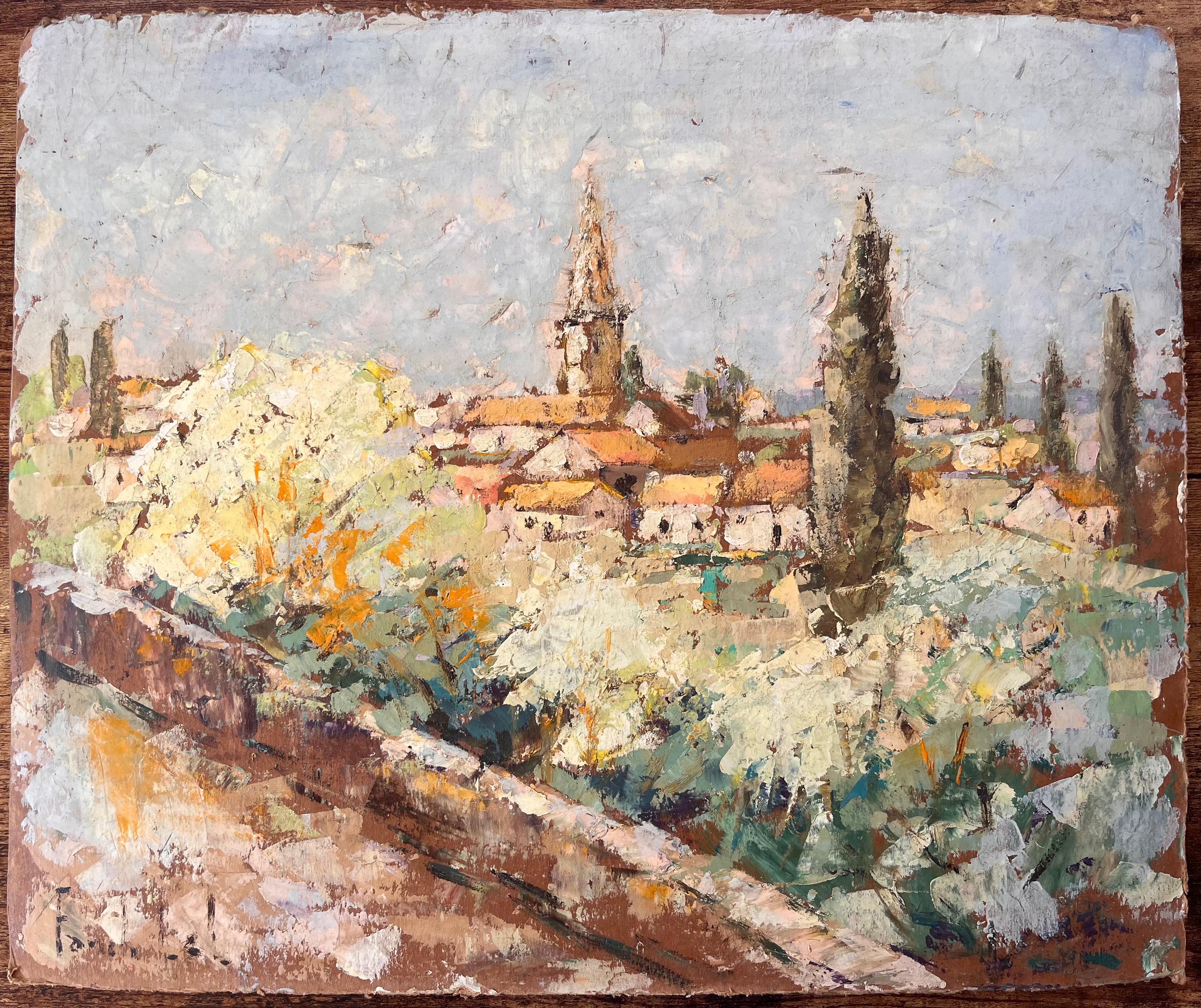 Impressionistische Ansicht von Moissac Frankreich mit Kirchturm und blühenden Bäumen – Painting von Fanch Lel