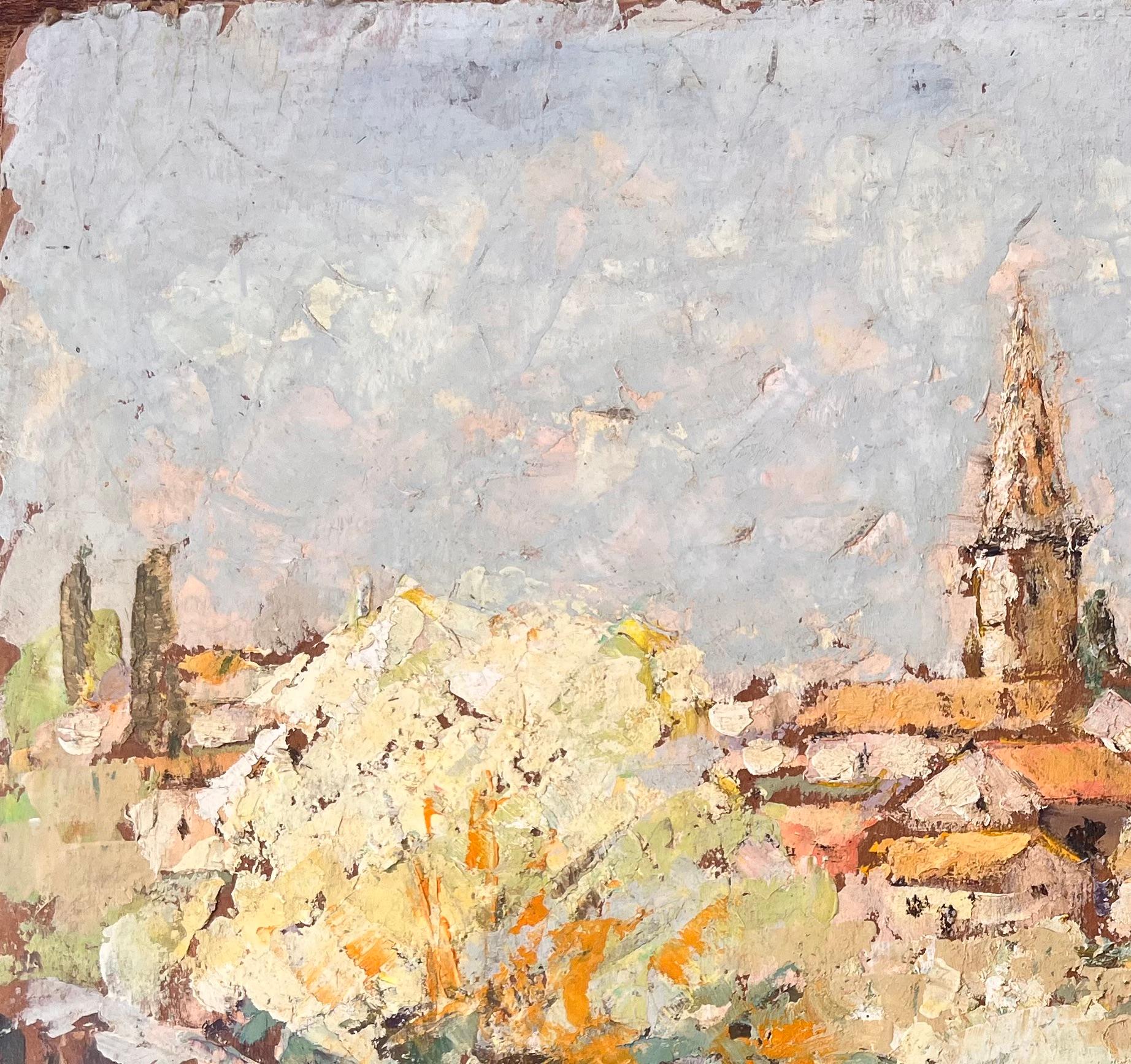 Impressionistische Ansicht von Moissac Frankreich mit Kirchturm und blühenden Bäumen (Impressionismus), Painting, von Fanch Lel