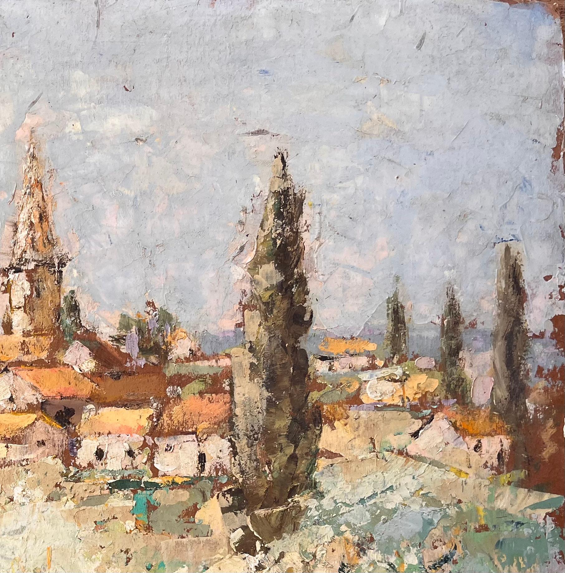 Impressionistische Ansicht von Moissac Frankreich mit Kirchturm und blühenden Bäumen (Beige), Abstract Painting, von Fanch Lel