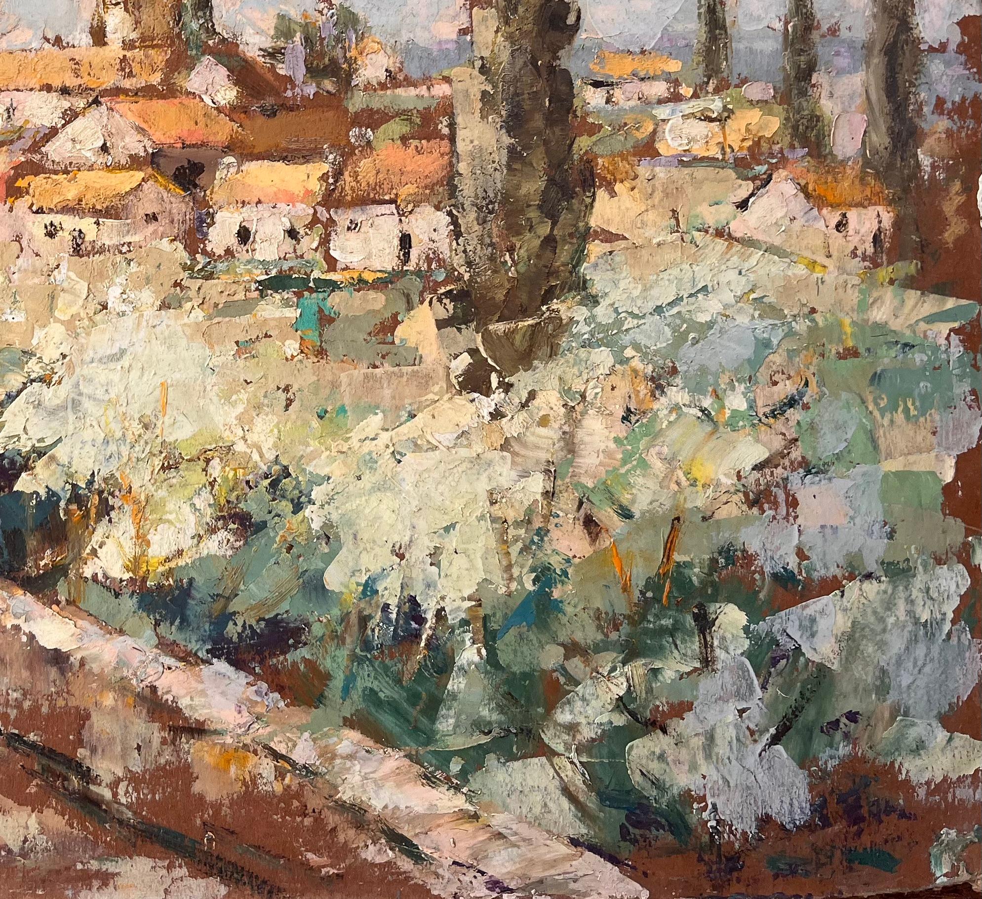 Titel: Impressionistische Ansicht von Moissac Frankreich mit Kirchturm und blühenden Bäumen
Von Fanch Les
Unterschrieben: Ja
Größe: 15 x 18 Zoll (Höhe x Breite)
Ölgemälde auf Karton, ungerahmt
Zustand: Das Gemälde ist in gutem Zustand mit