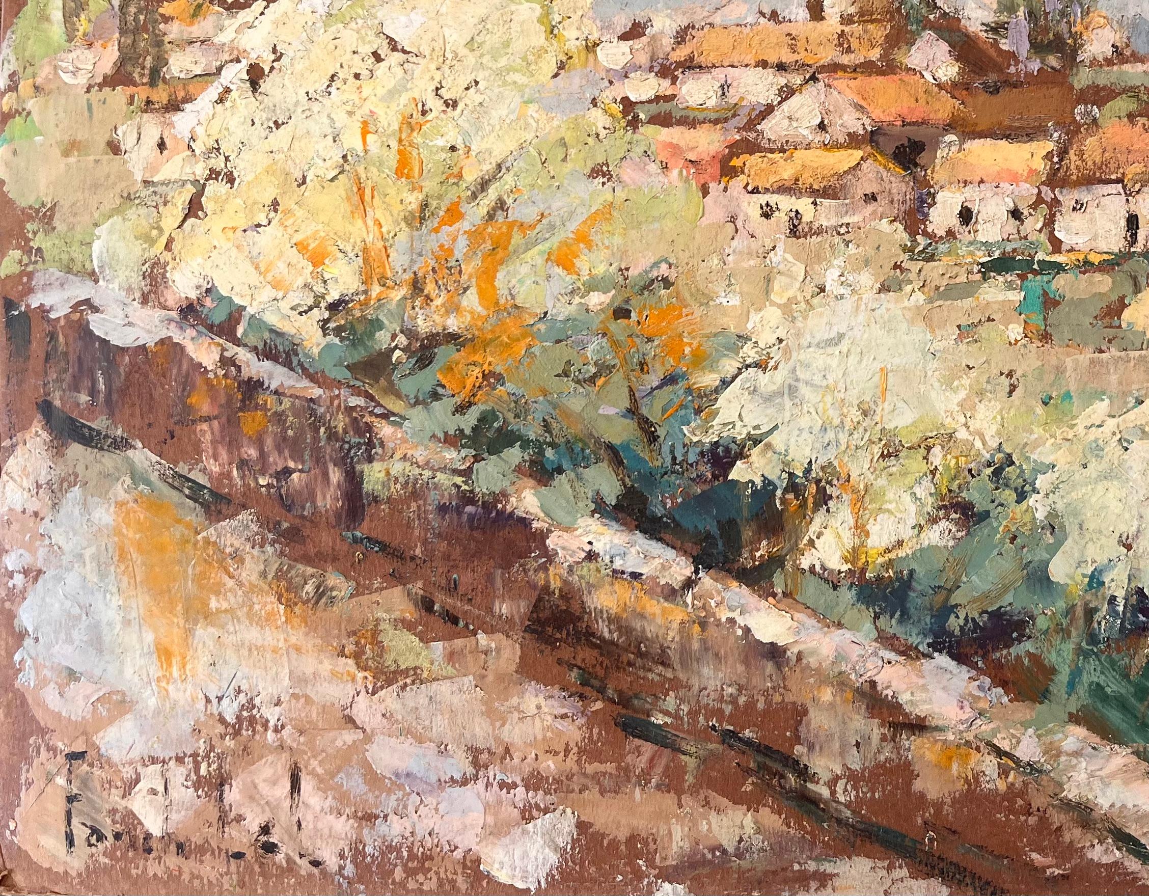Impressionistische Ansicht von Moissac Frankreich mit Kirchturm und blühenden Bäumen im Angebot 1