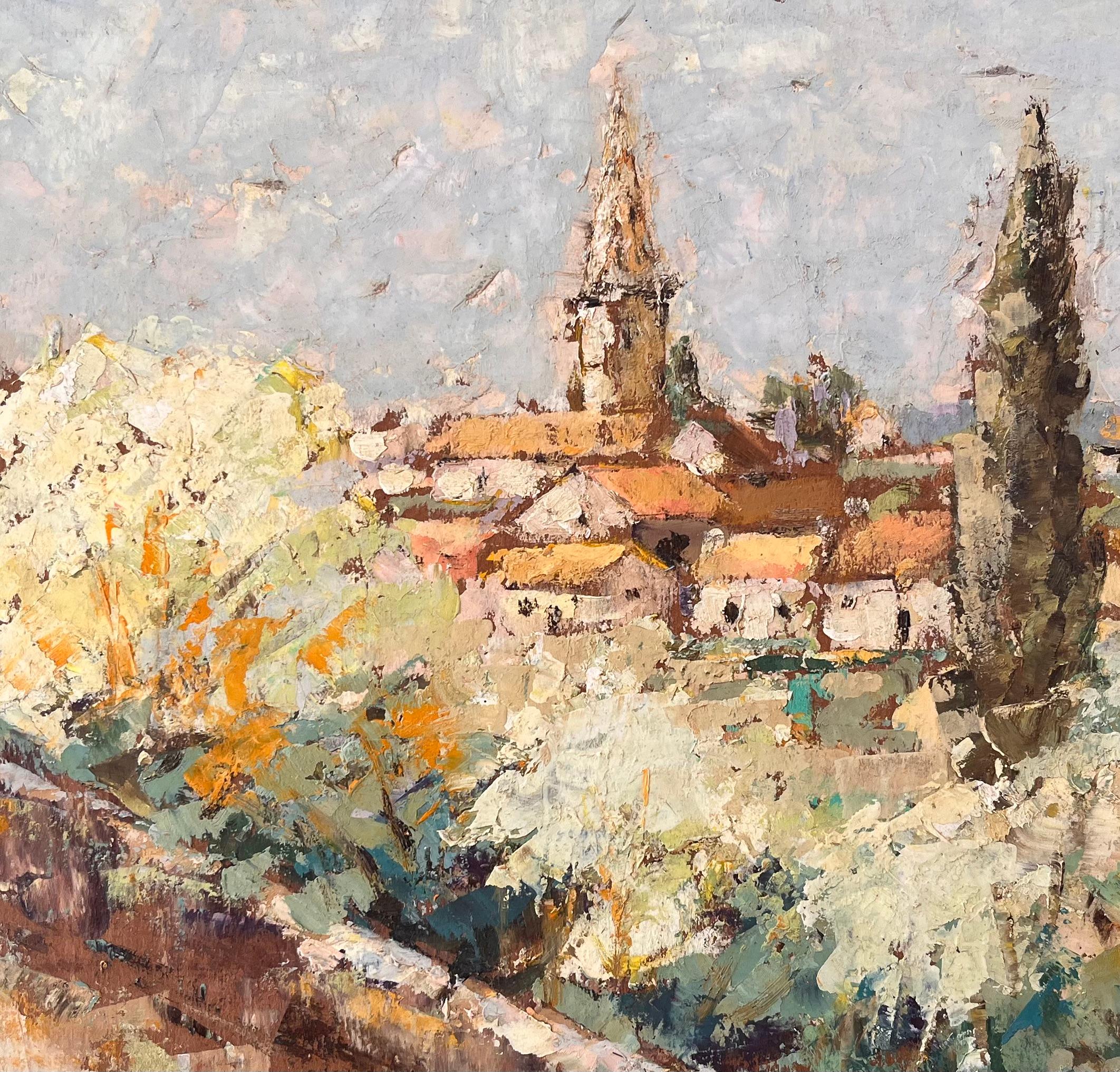 Impressionistische Ansicht von Moissac Frankreich mit Kirchturm und blühenden Bäumen im Angebot 2