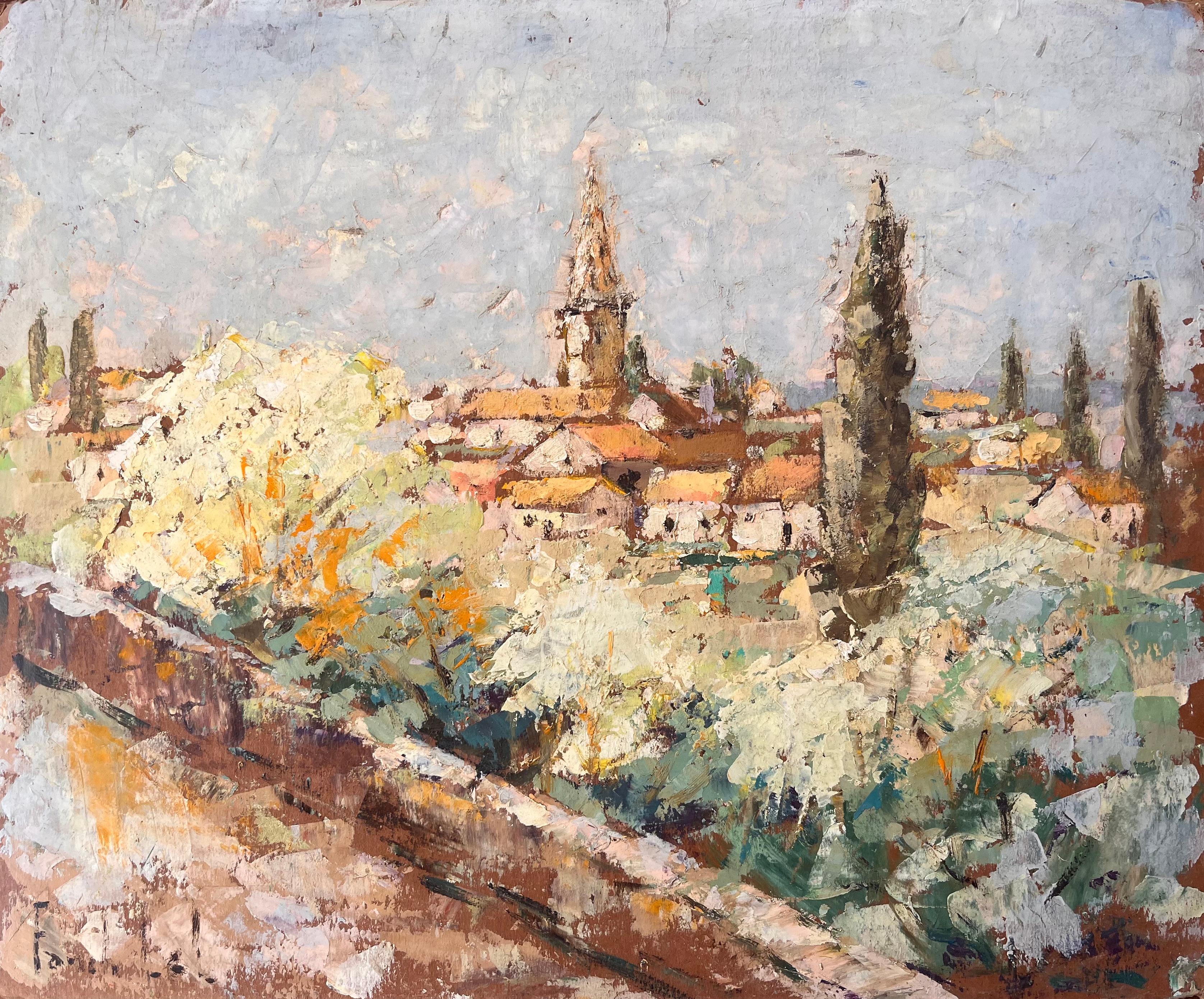 Vue impressionniste de la France de la Moissac avec tour d'église et arbres en fleurs