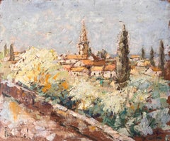 Impressionist View of Moissac France with Church Tower and Blossoming Trees