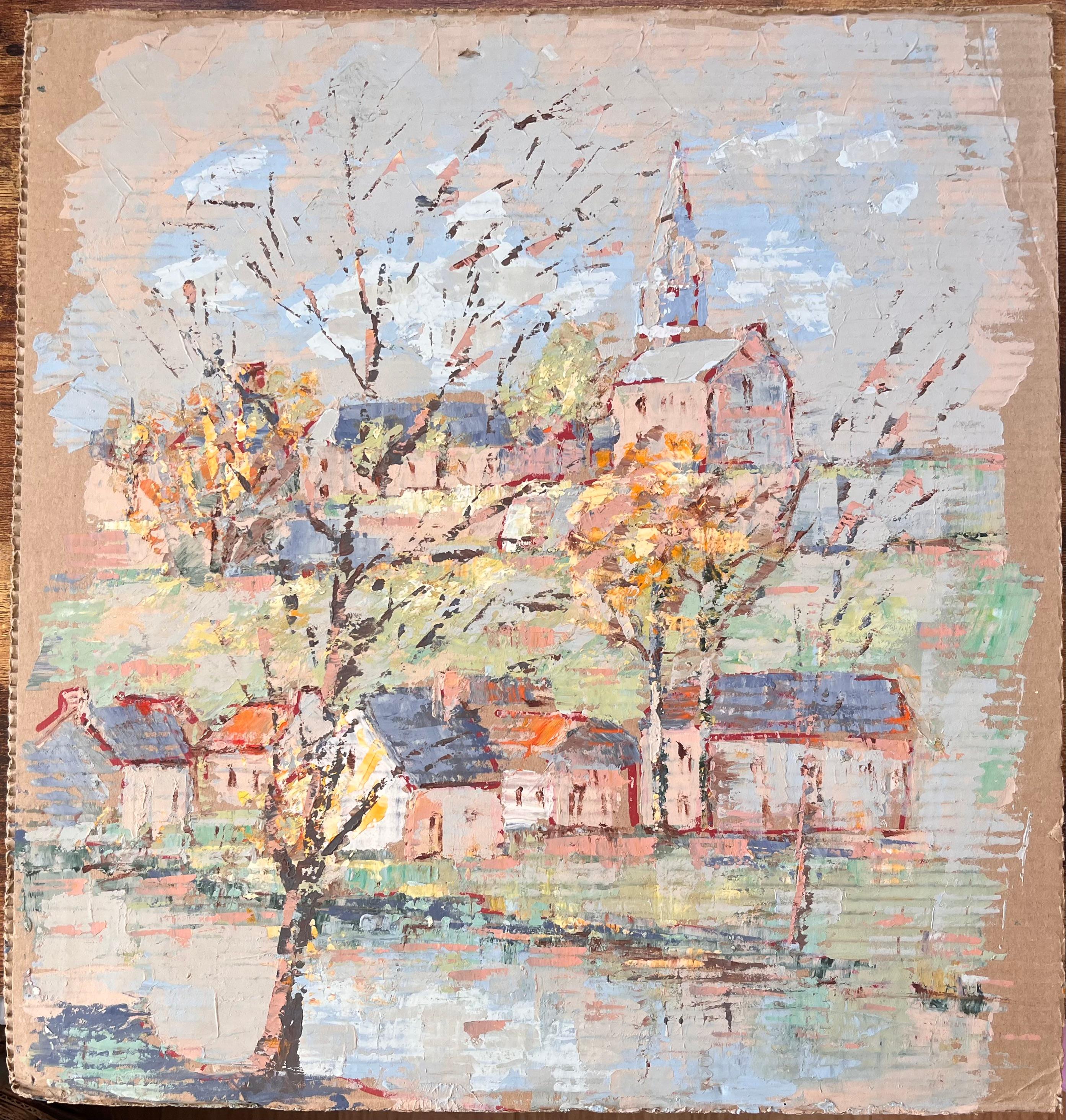 Scène d'église impressionniste au sommet d'un village avec arbres d'automne par Fanch Lel en vente 1