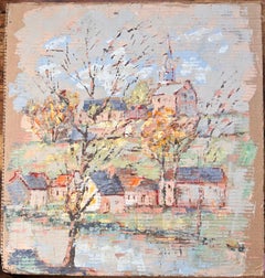 Scène d'église impressionniste au sommet d'un village avec arbres d'automne par Fanch Lel