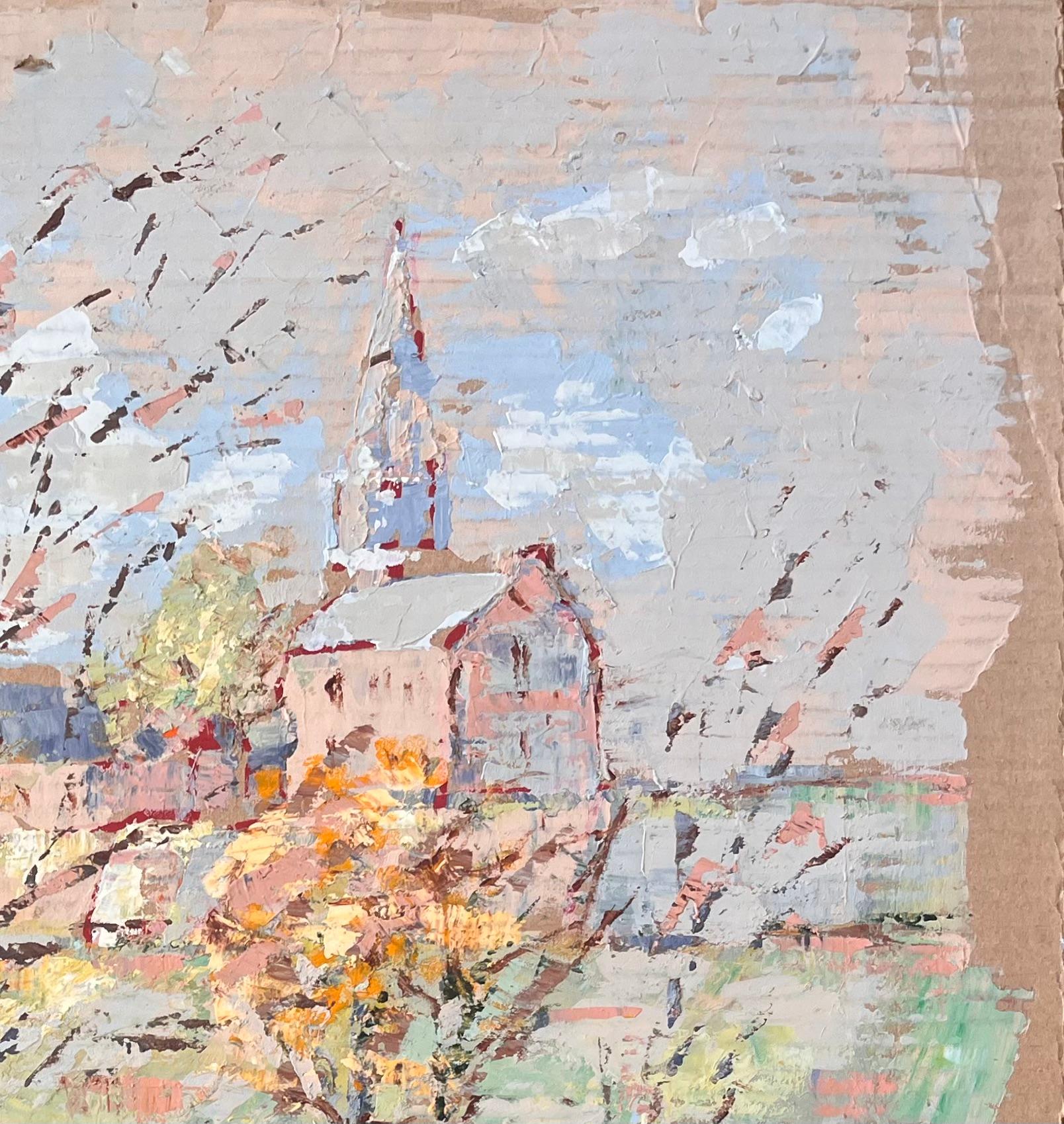 Scène d'église impressionniste au sommet d'un village avec arbres d'automne par Fanch Lel en vente 2
