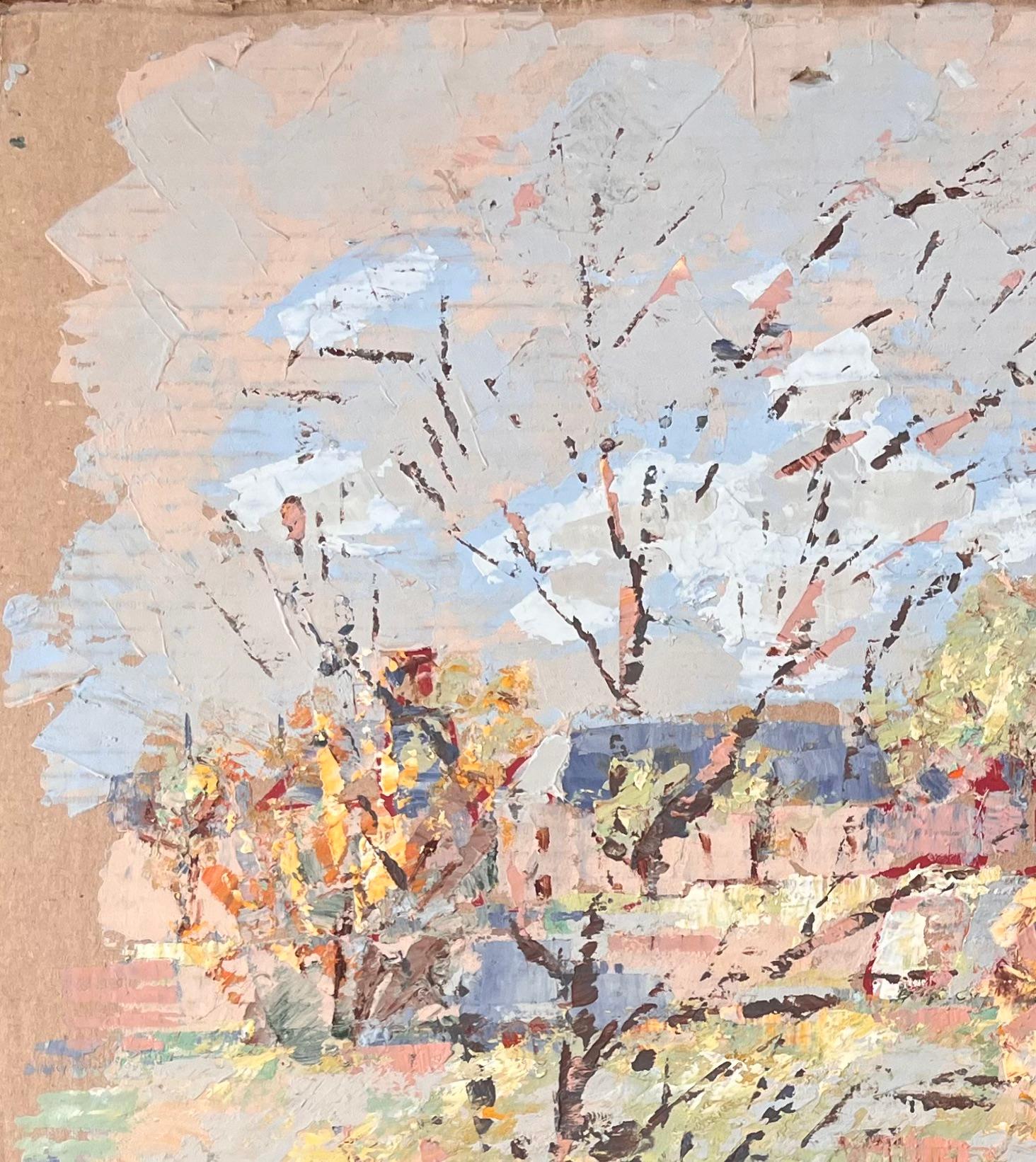 Scène d'église impressionniste au sommet d'un village avec arbres d'automne par Fanch Lel en vente 3