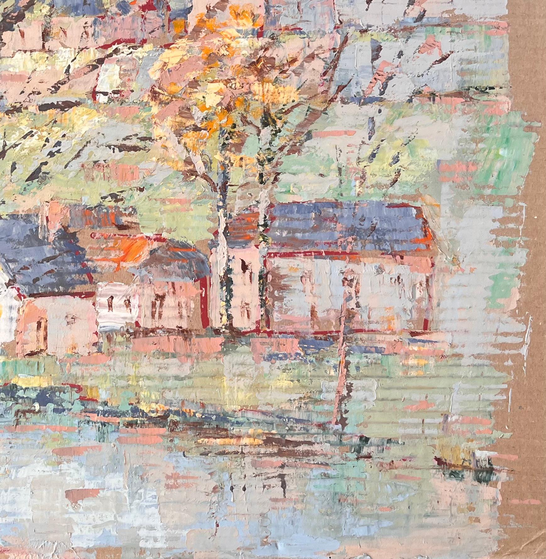 Scène d'église impressionniste au sommet d'un village avec arbres d'automne par Fanch Lel en vente 4