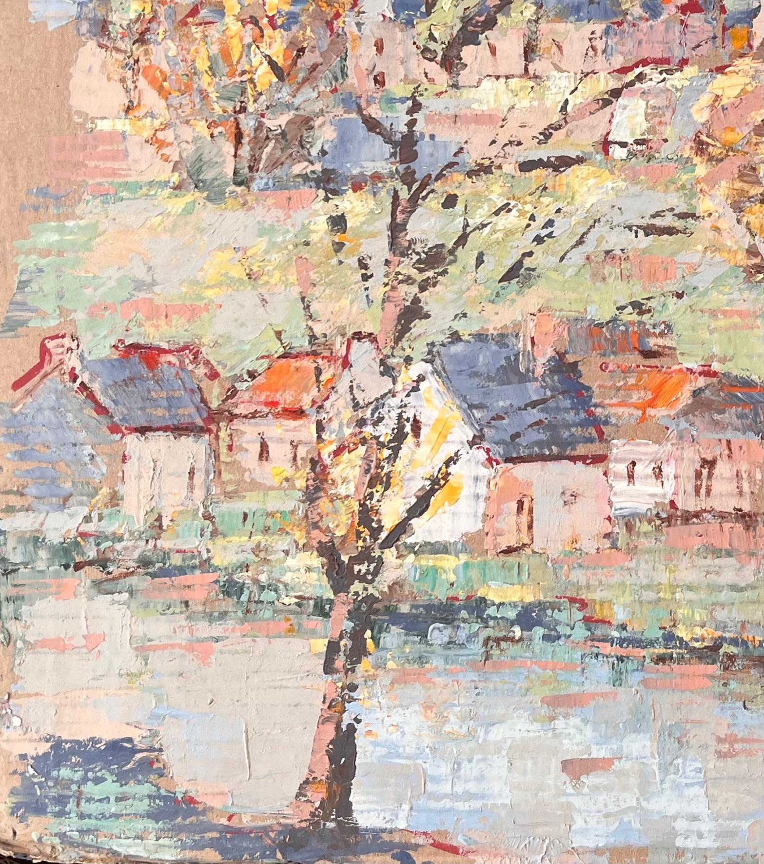 Scène d'église impressionniste au sommet d'un village avec arbres d'automne par Fanch Lel en vente 5