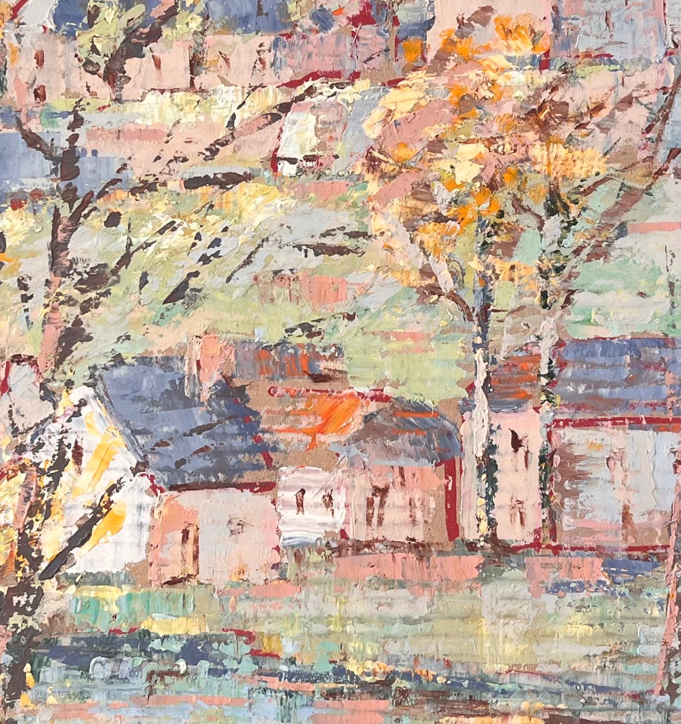 Scène d'église impressionniste au sommet d'un village avec arbres d'automne par Fanch Lel en vente 6