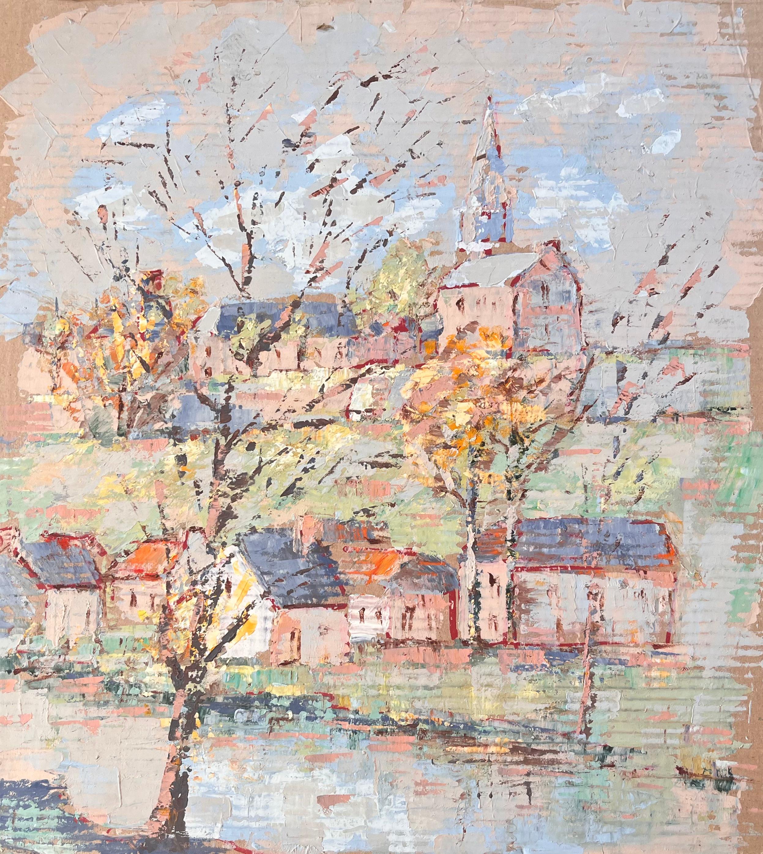 Impressionistische Dorf-Hintergrund-Kirchenszene mit herbstlichen Bäumen aus dem Dorf von Fanch Lel