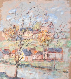 Impressionist Village Hilltop Church Scene with Autumn Trees by Fanch Lel