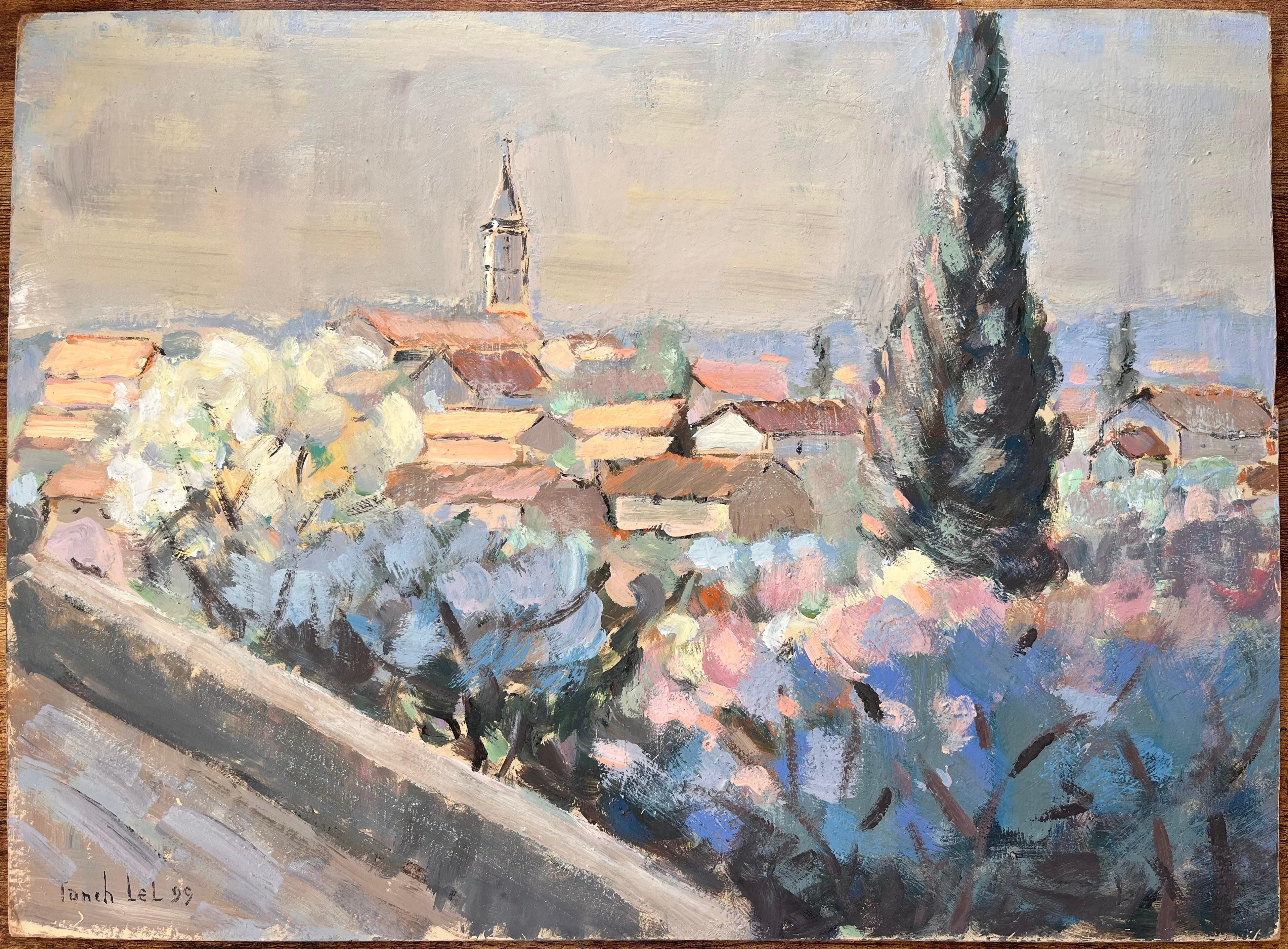 Paysage de village impressionniste avec tour d'église et arbres cyprès - Painting de Fanch Lel