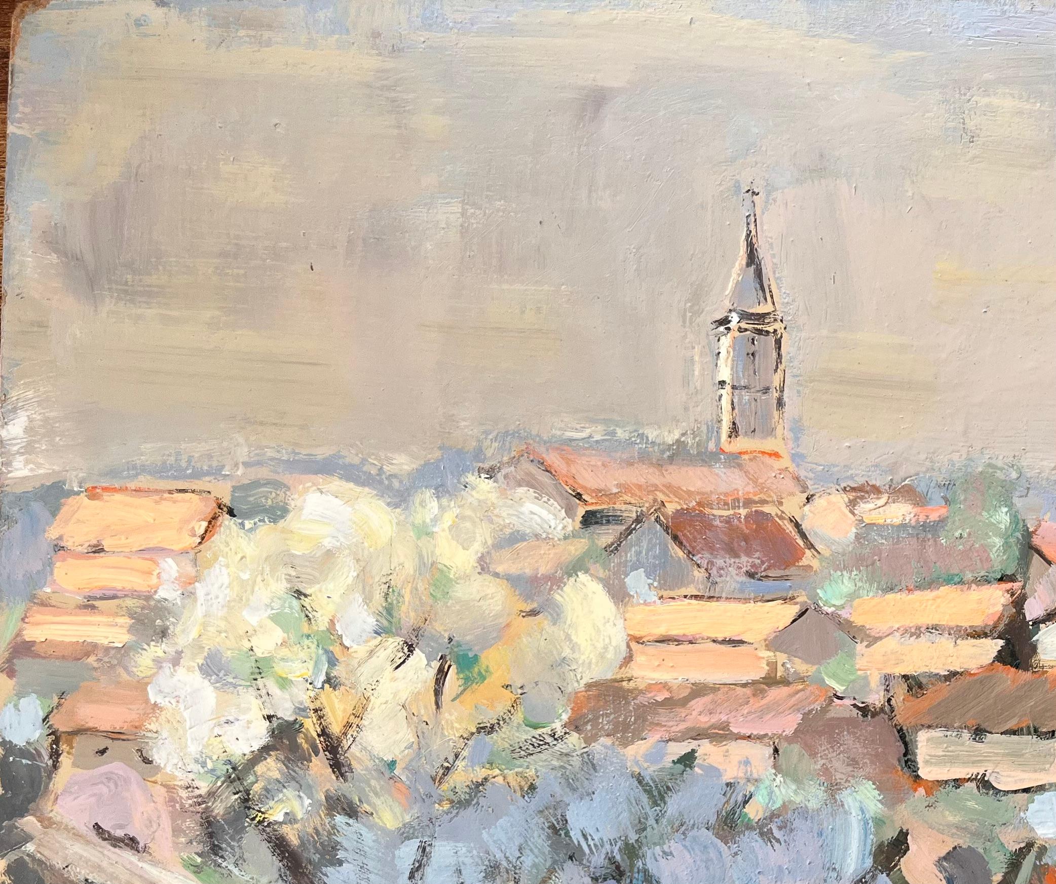 Paysage de village impressionniste avec tour d'église et arbres cyprès - Impressionnisme Painting par Fanch Lel