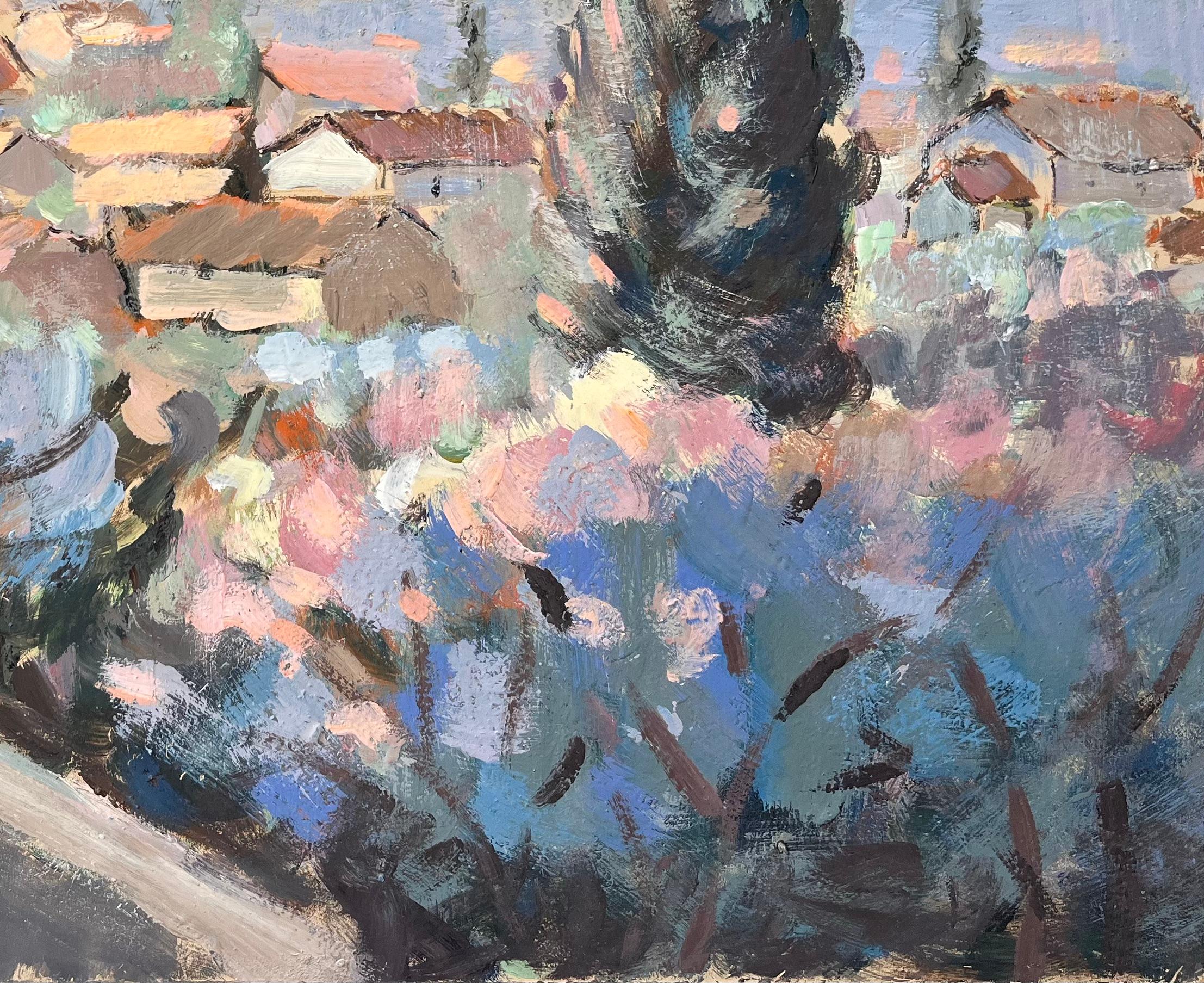 Paysage de village impressionniste avec tour d'église et arbres cyprès - Gris Landscape Painting par Fanch Lel