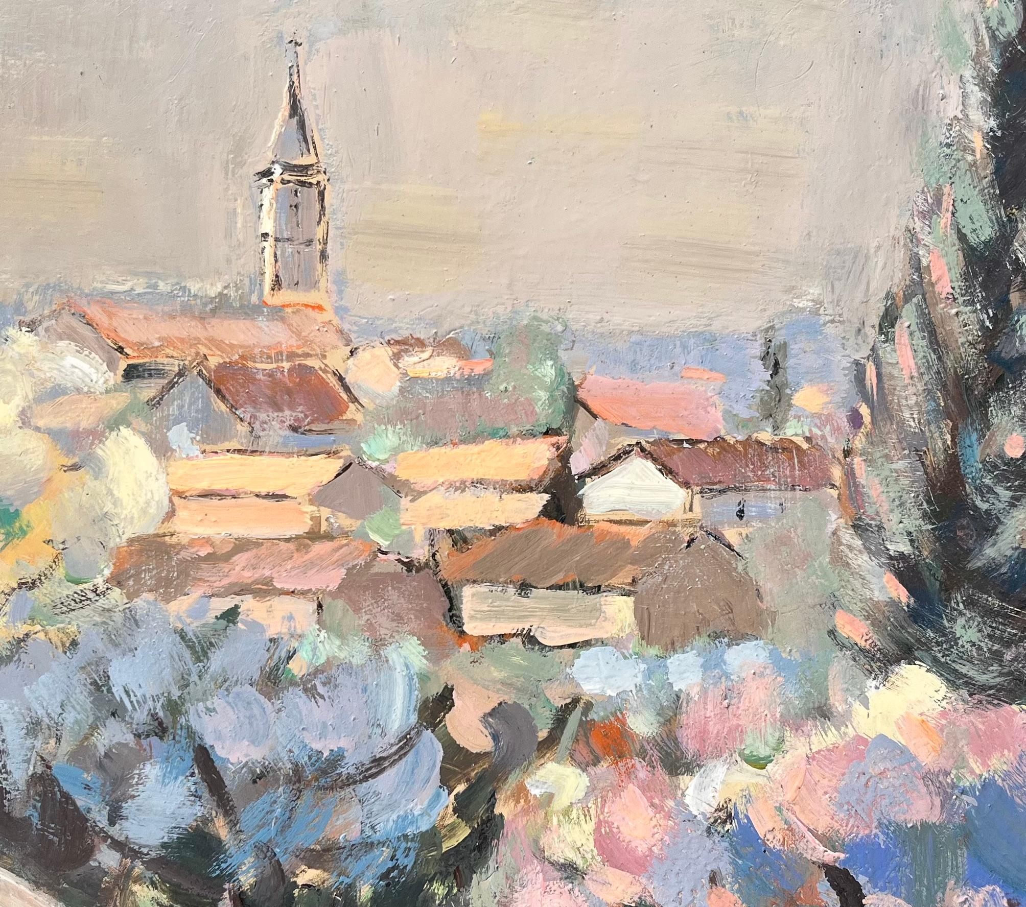 Paysage de village impressionniste avec tour d'église et arbres cyprès en vente 1