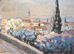 Impressionist Village Landscape with Church Tower and Cypress Trees