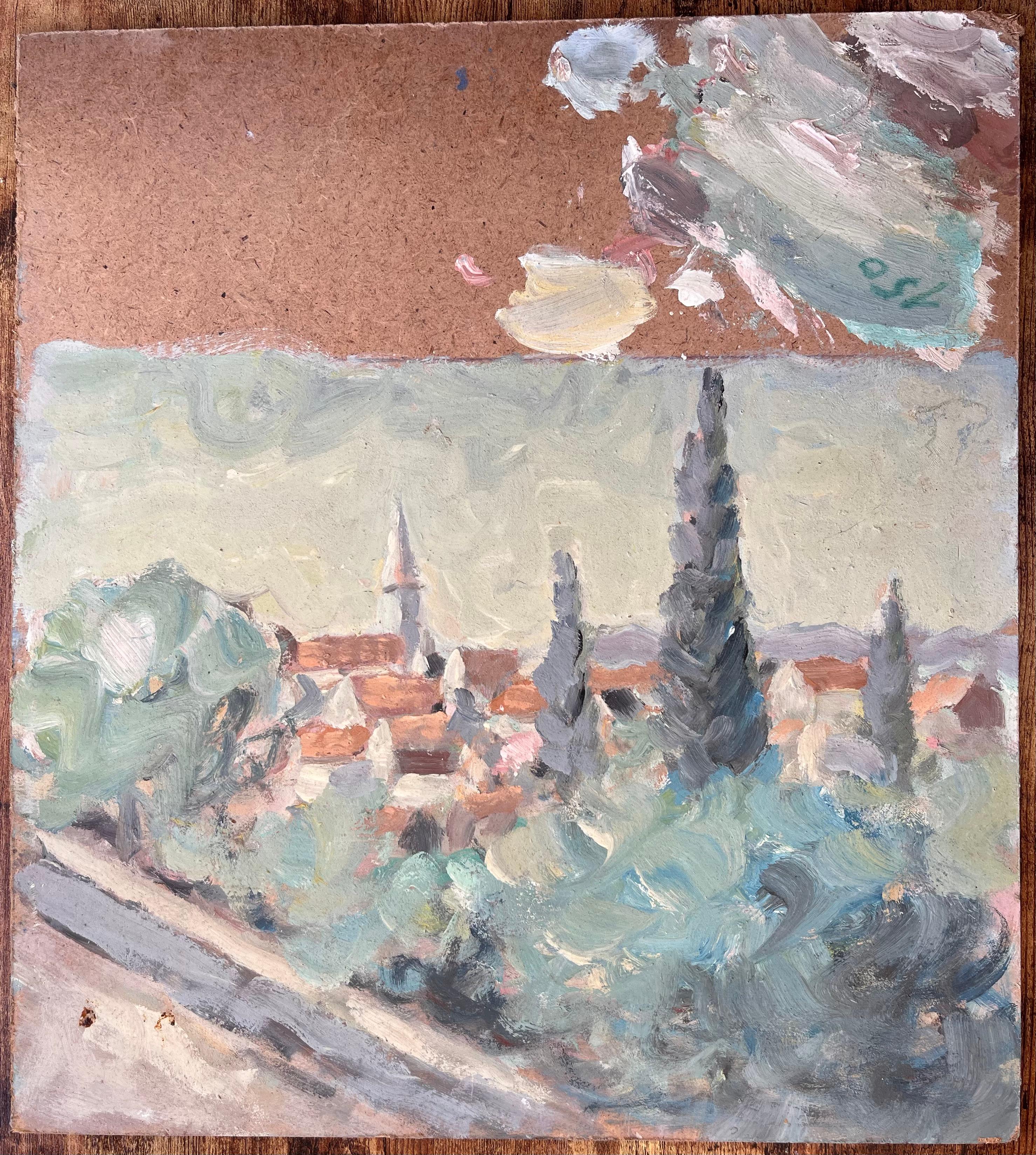 Impressionist Village Landscape with Cypress Trees and Mountain Horizon View - Painting by Fanch Lel