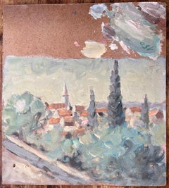 Impressionistische Dorflandschaft mit Zypressen und Blick auf den Berghorizont