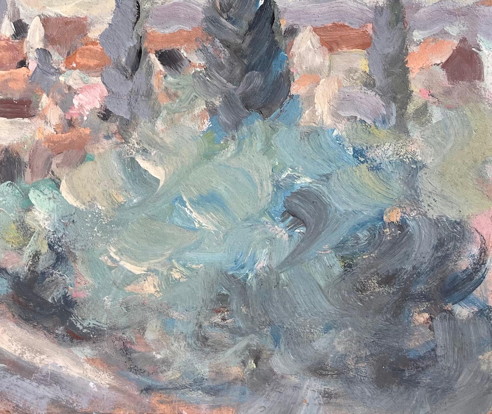 Impressionist Village Landscape with Cypress Trees and Mountain Horizon View - Gray Landscape Painting by Fanch Lel