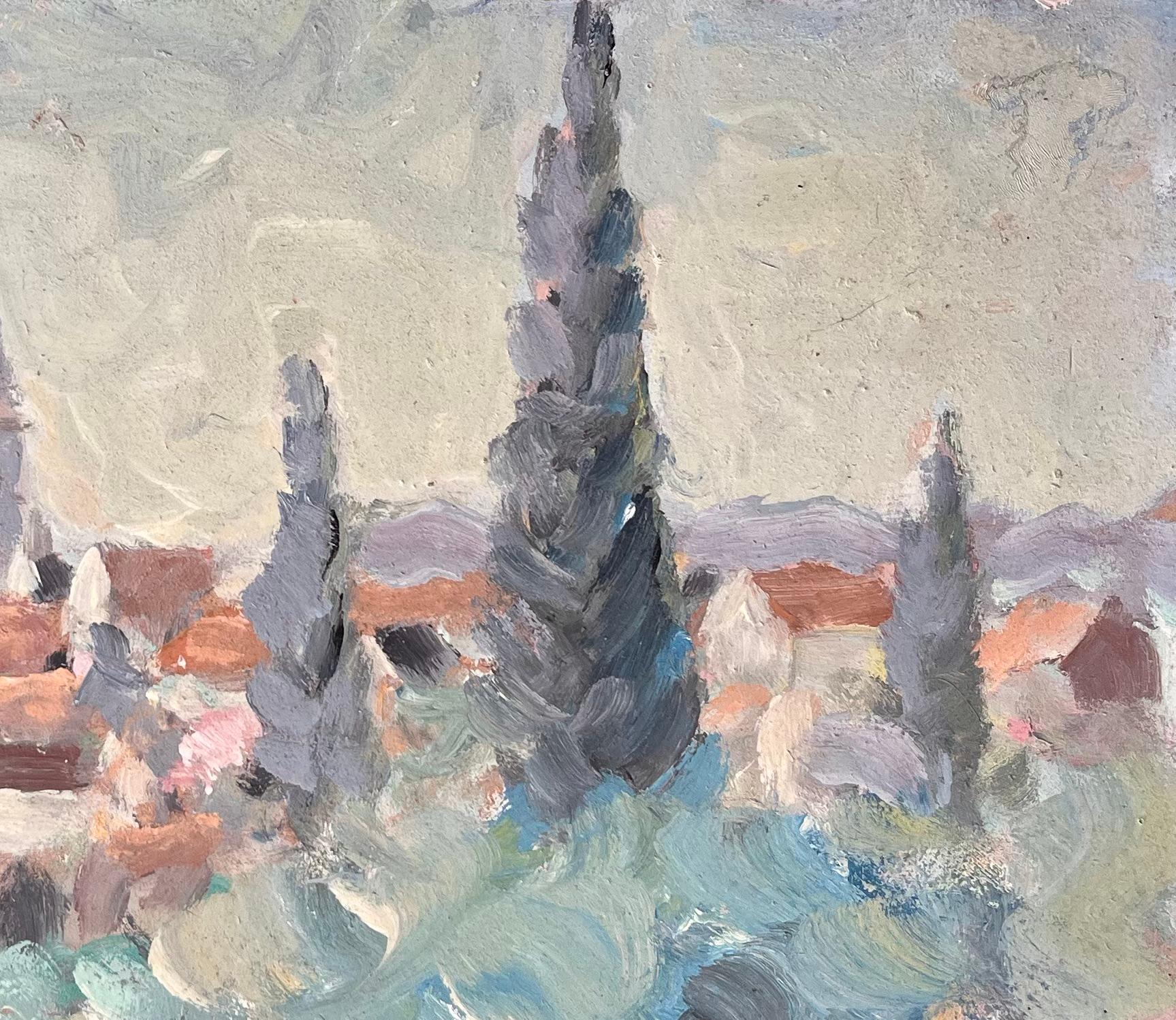 Title: Impressionist Village Landscape with Cypress Trees and Mountain Horizon View
By Fanch Lel
Size: 18.5 x 16.5 inches (height x width)
Oil painting on board, unframed
Condition: The painting is in good condition with expressive texture