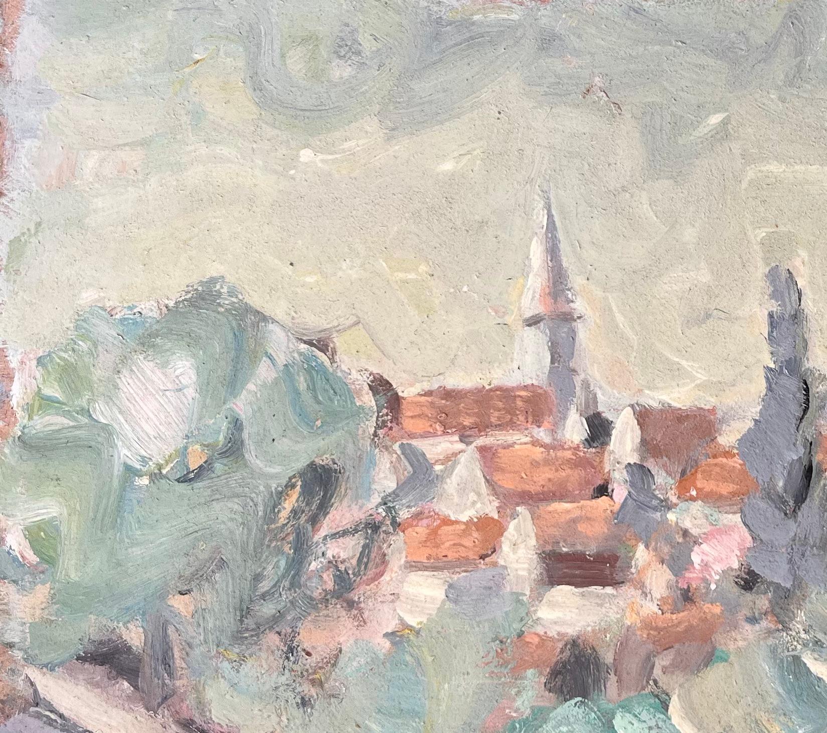 Impressionist Village Landscape with Cypress Trees and Mountain Horizon View For Sale 2