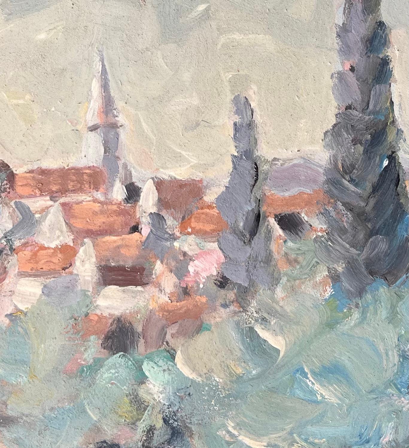 Impressionist Village Landscape with Cypress Trees and Mountain Horizon View For Sale 3