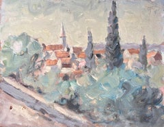 Impressionist Village Landscape with Cypress Trees and Mountain Horizon View