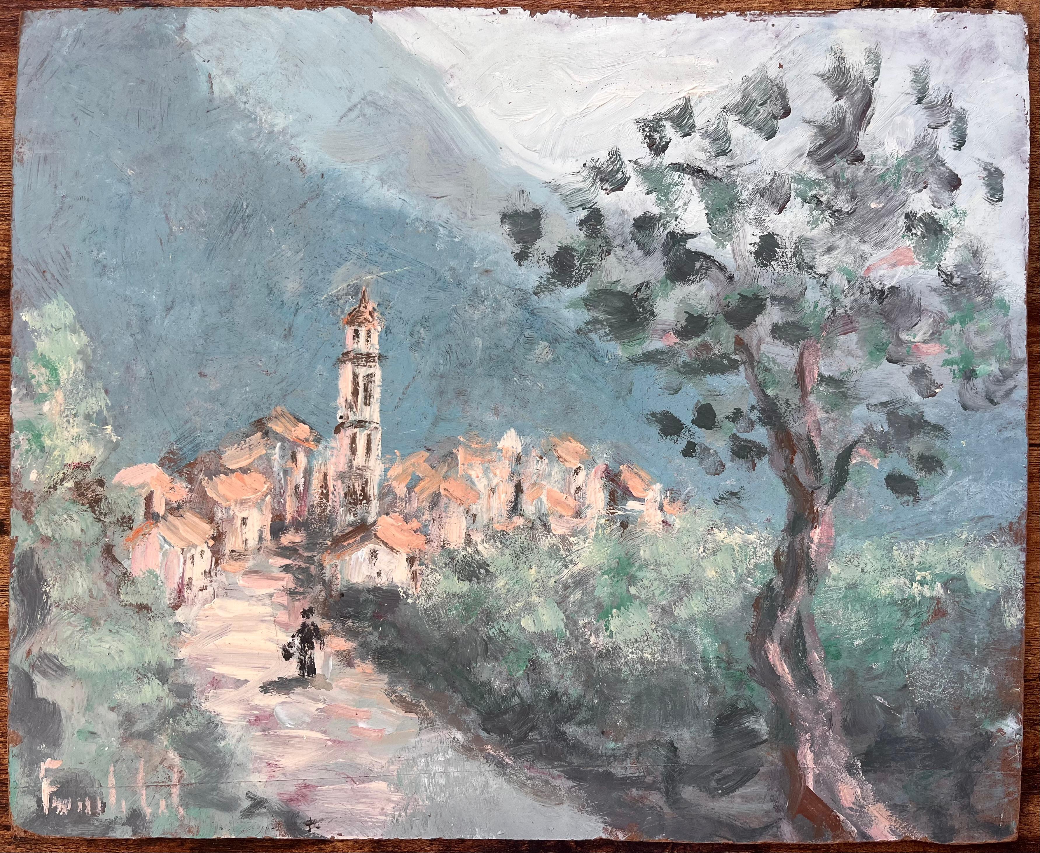 Impressionist Village Scene with Tower and Olive Tree View of Monte Maggiore - Painting by Fanch Lel