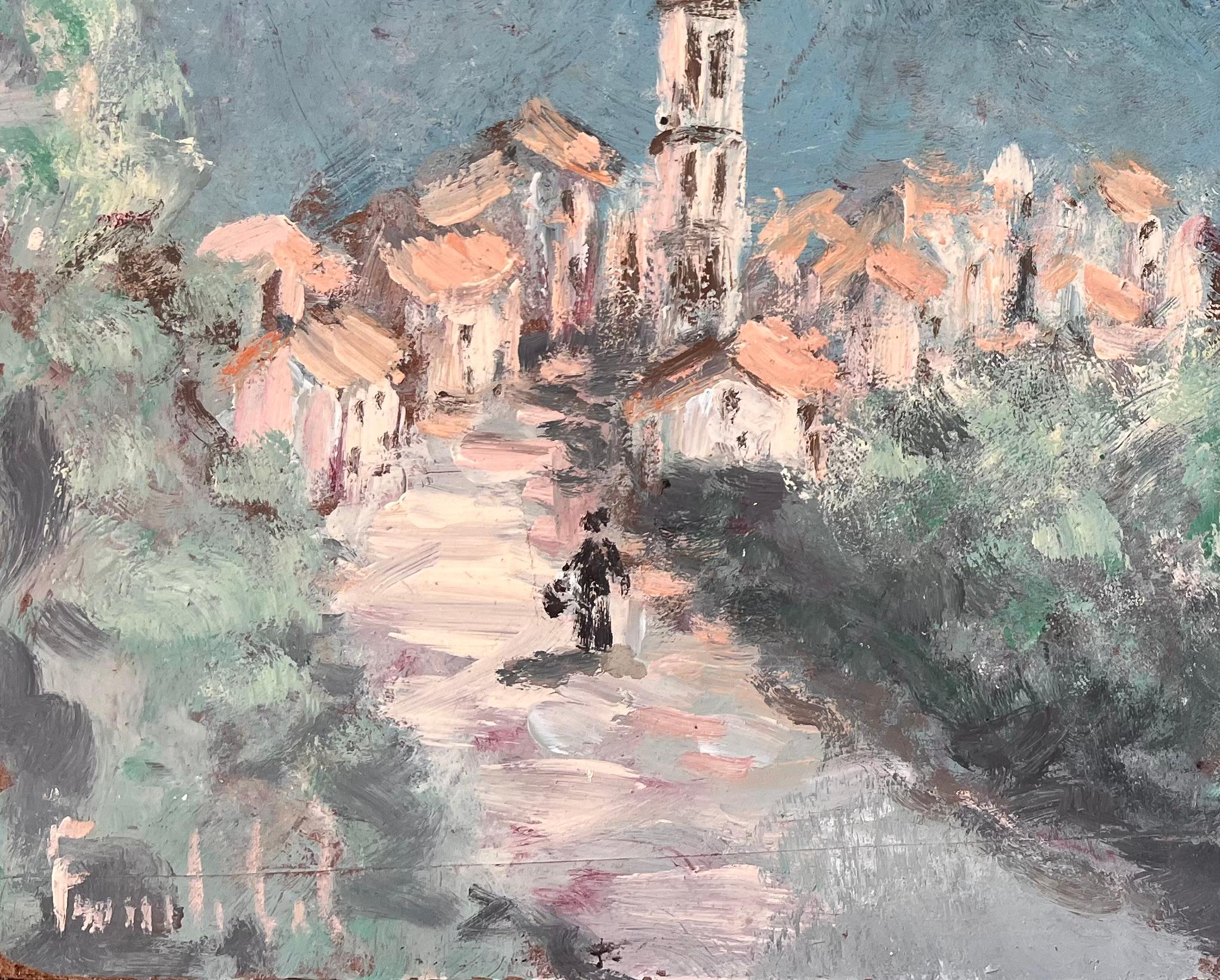 Impressionist Village Scene with Tower and Olive Tree View of Monte Maggiore - Gray Abstract Painting by Fanch Lel