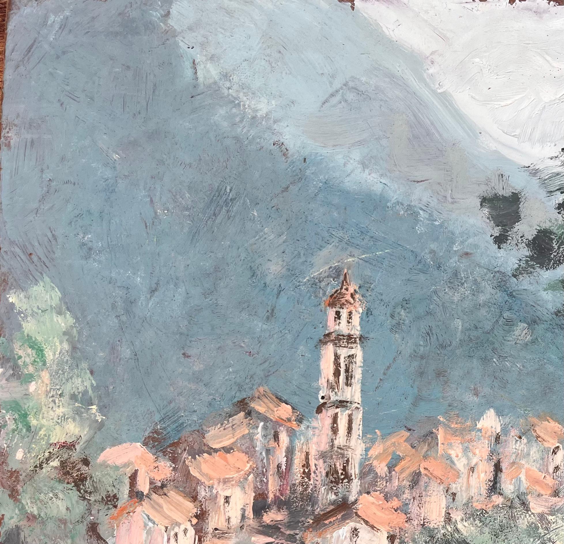 Title: Impressionist Village Scene with Tower and Olive Tree View of Monte Maggiore
By Fanch Lel
Signed: Yes
Size: 14.75 x 18 inches (height x width)
Oil painting on board, unframed
Condition: The painting is in good condition with expressive