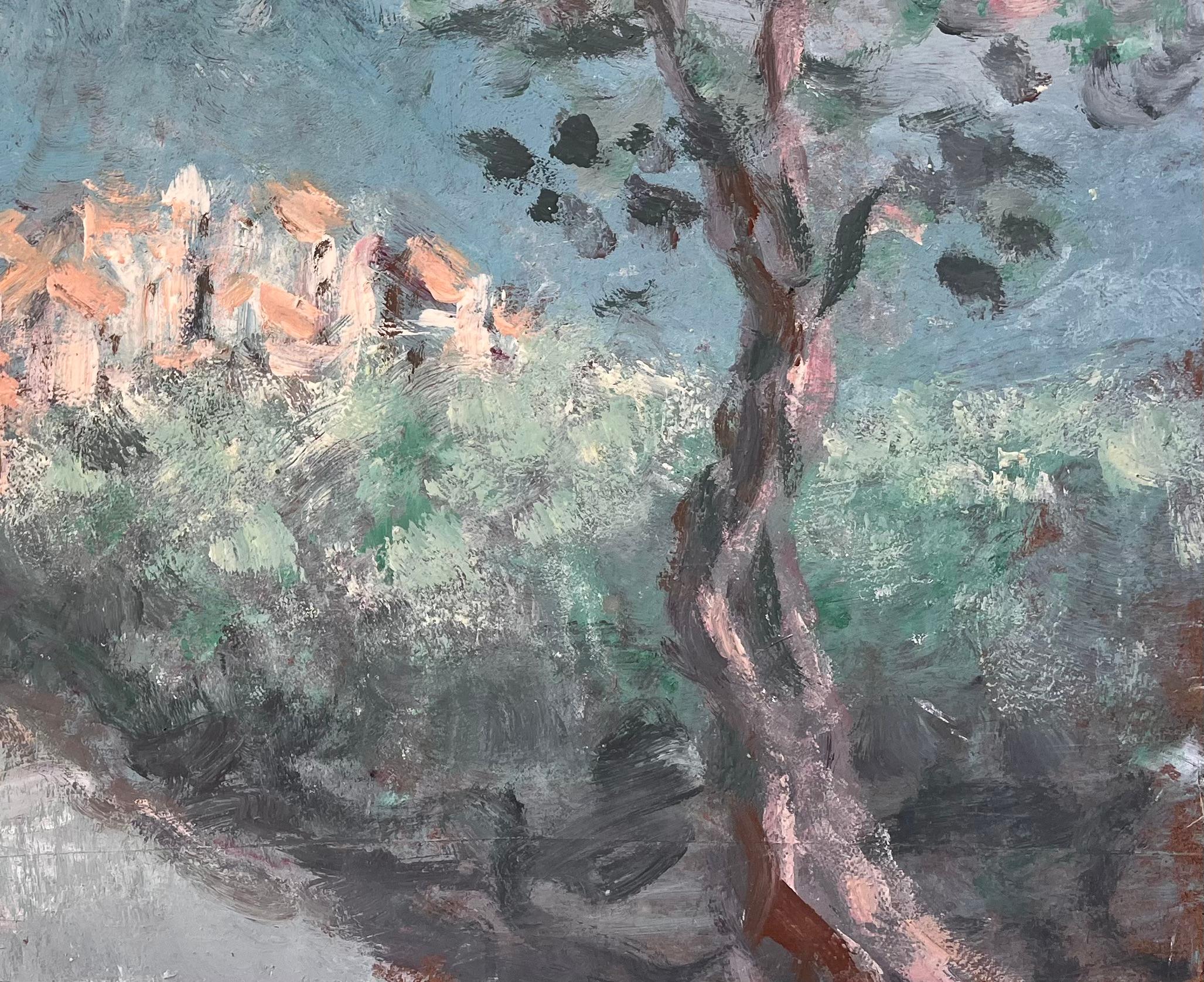 Impressionist Village Scene with Tower and Olive Tree View of Monte Maggiore For Sale 1