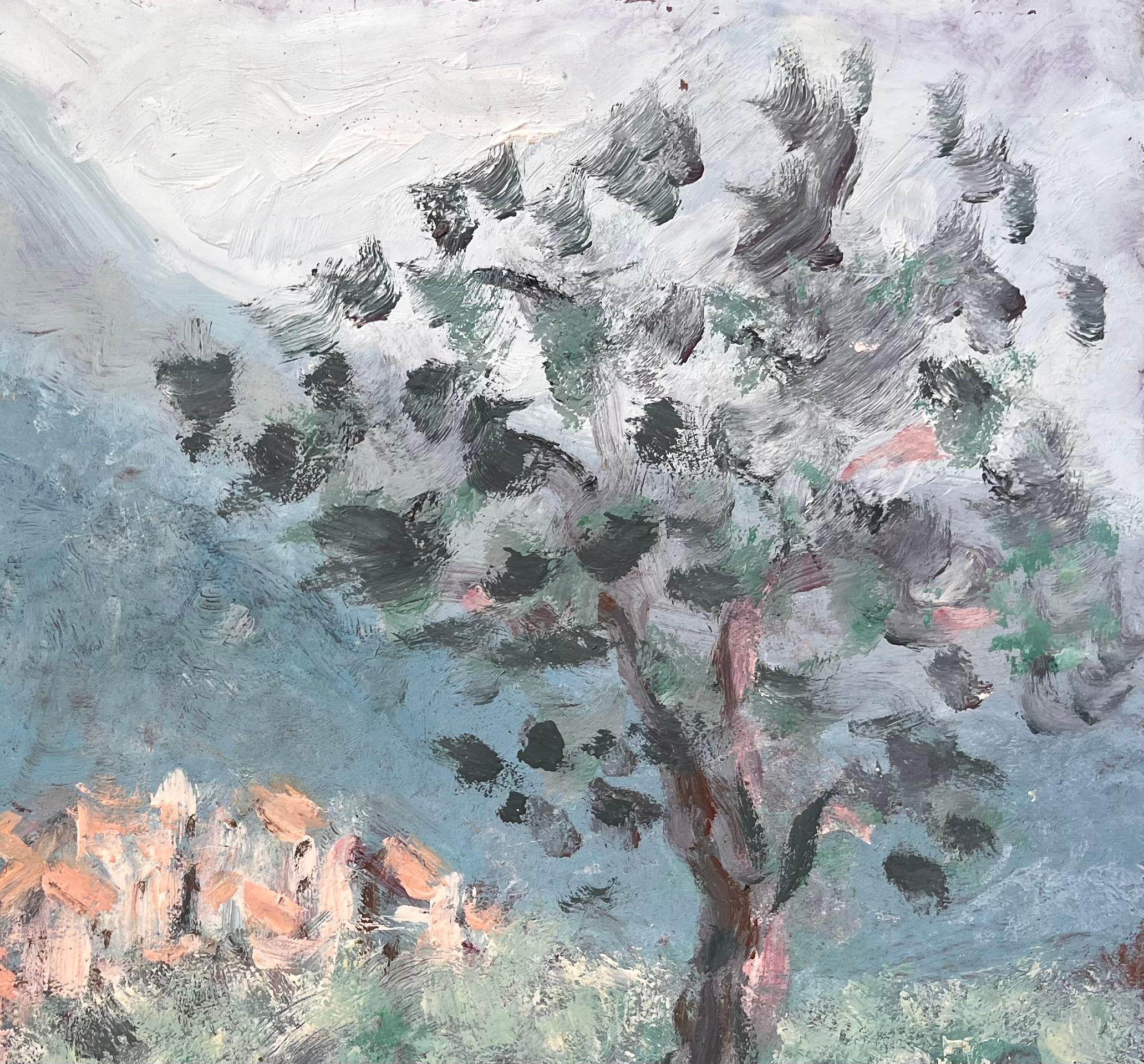 Impressionist Village Scene with Tower and Olive Tree View of Monte Maggiore For Sale 2