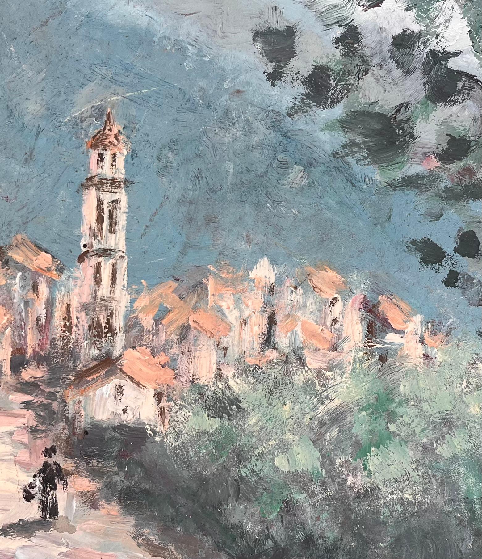 Impressionist Village Scene with Tower and Olive Tree View of Monte Maggiore For Sale 3