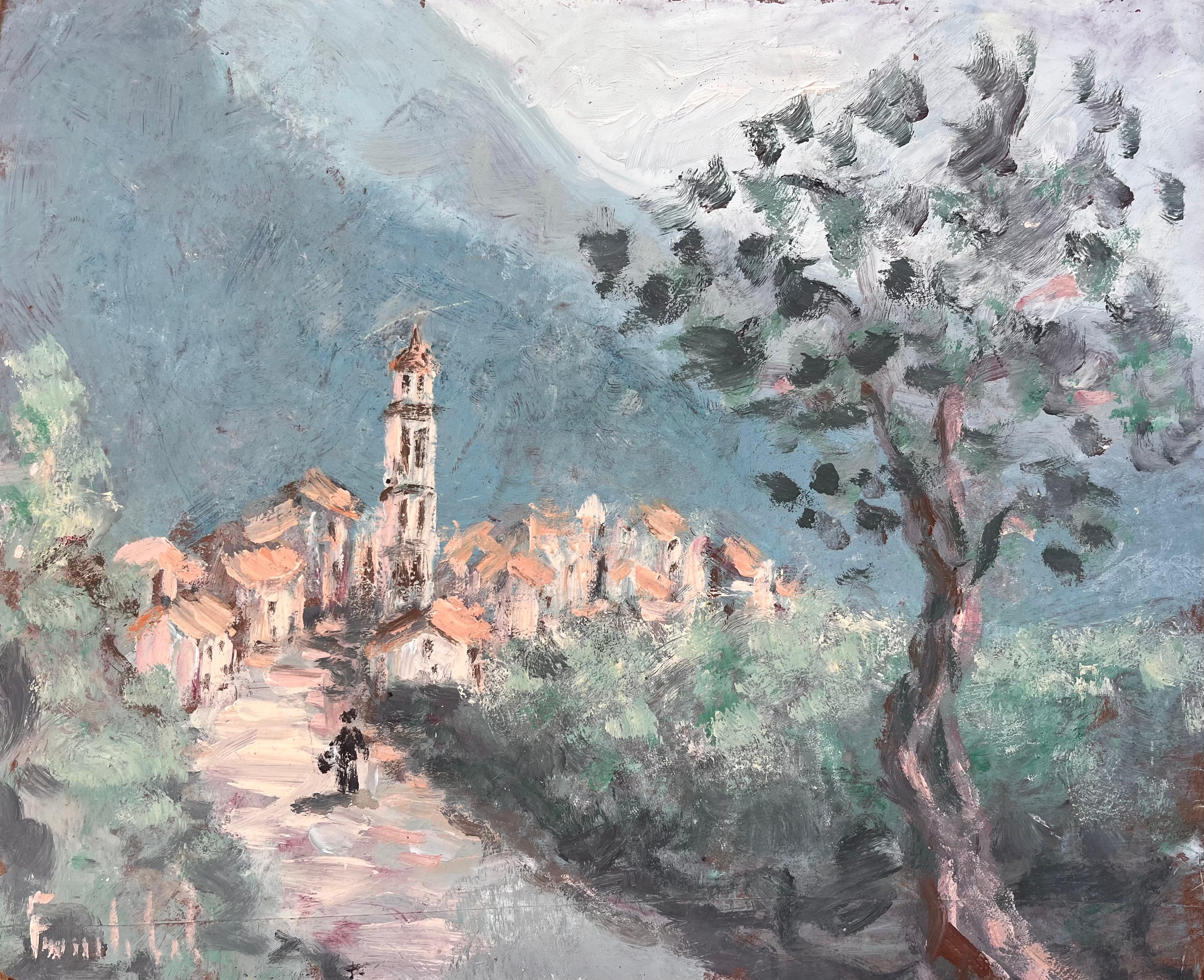 Fanch Lel Abstract Painting - Impressionist Village Scene with Tower and Olive Tree View of Monte Maggiore