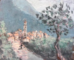 Scena impressionista di un villaggio con torre e Oliver Vista del Monte Maggiore