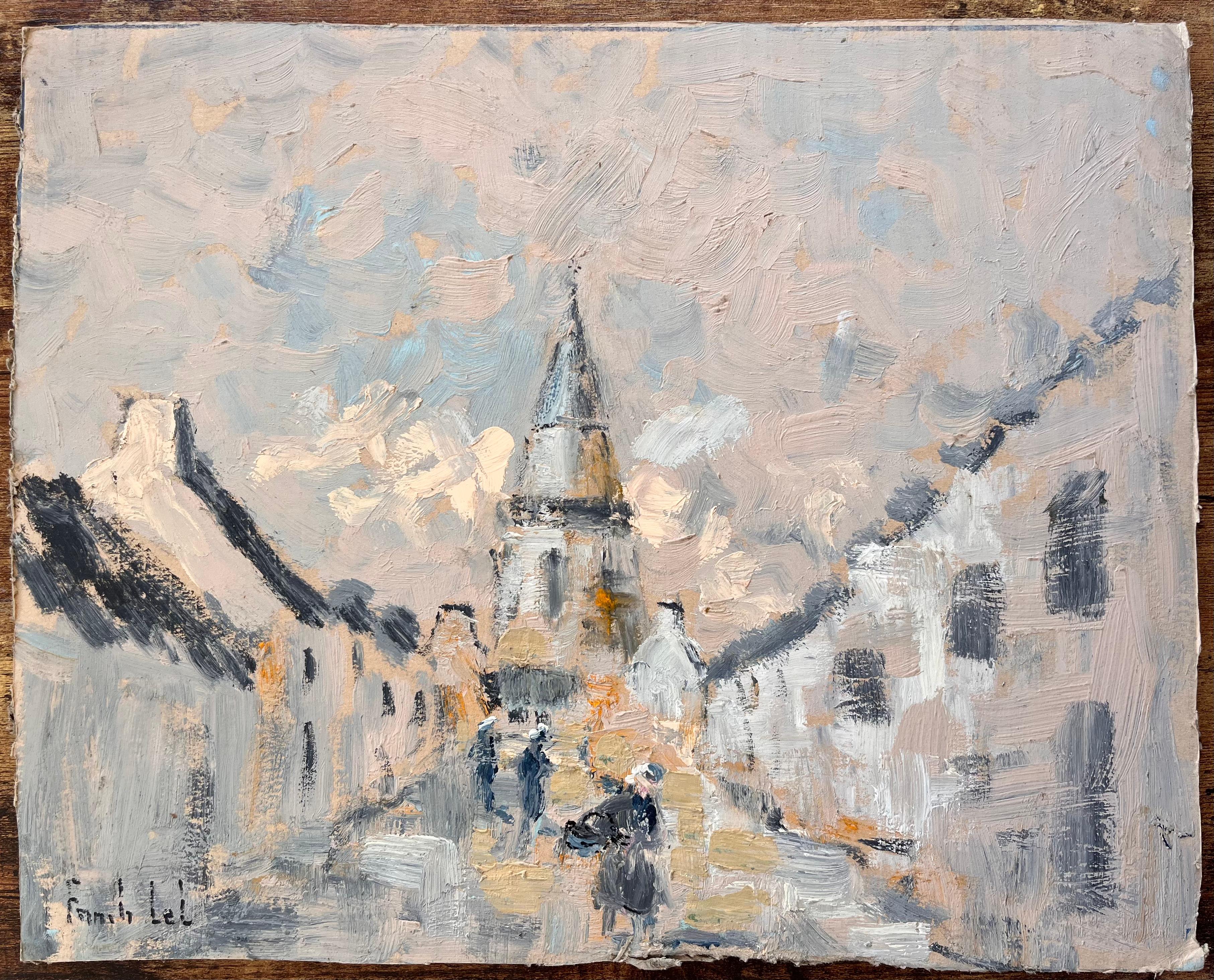 Scène de rue impressionniste avec tour d'église et personnages en lumière d'hiver - Painting de Fanch Lel