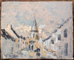 Impressionist Village Street Scene with Church Tower and Figures in Winter Light