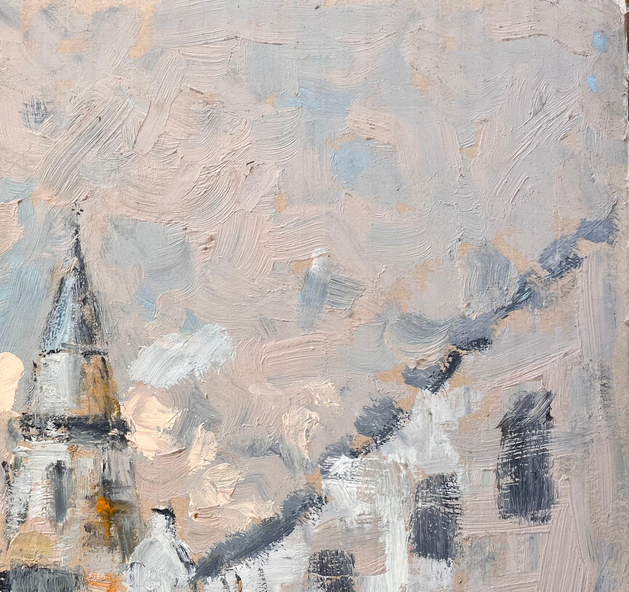 Scène de rue impressionniste avec tour d'église et personnages en lumière d'hiver - Gris Landscape Painting par Fanch Lel