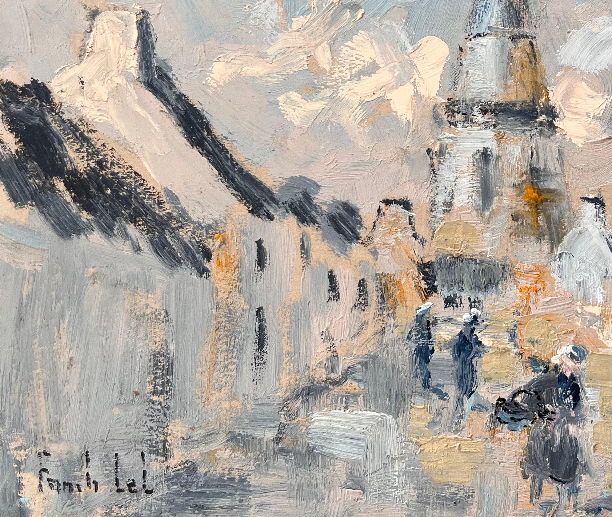 Titre : Scène de rue de village impressionniste avec tour d'église et personnages dans la lumière d'hiver
Par Fanch Lel
Signé : Oui
Taille : 13 x 16.25 pouces (hauteur x largeur)
Peinture à l'huile sur carton, non encadrée
Condit : La peinture est