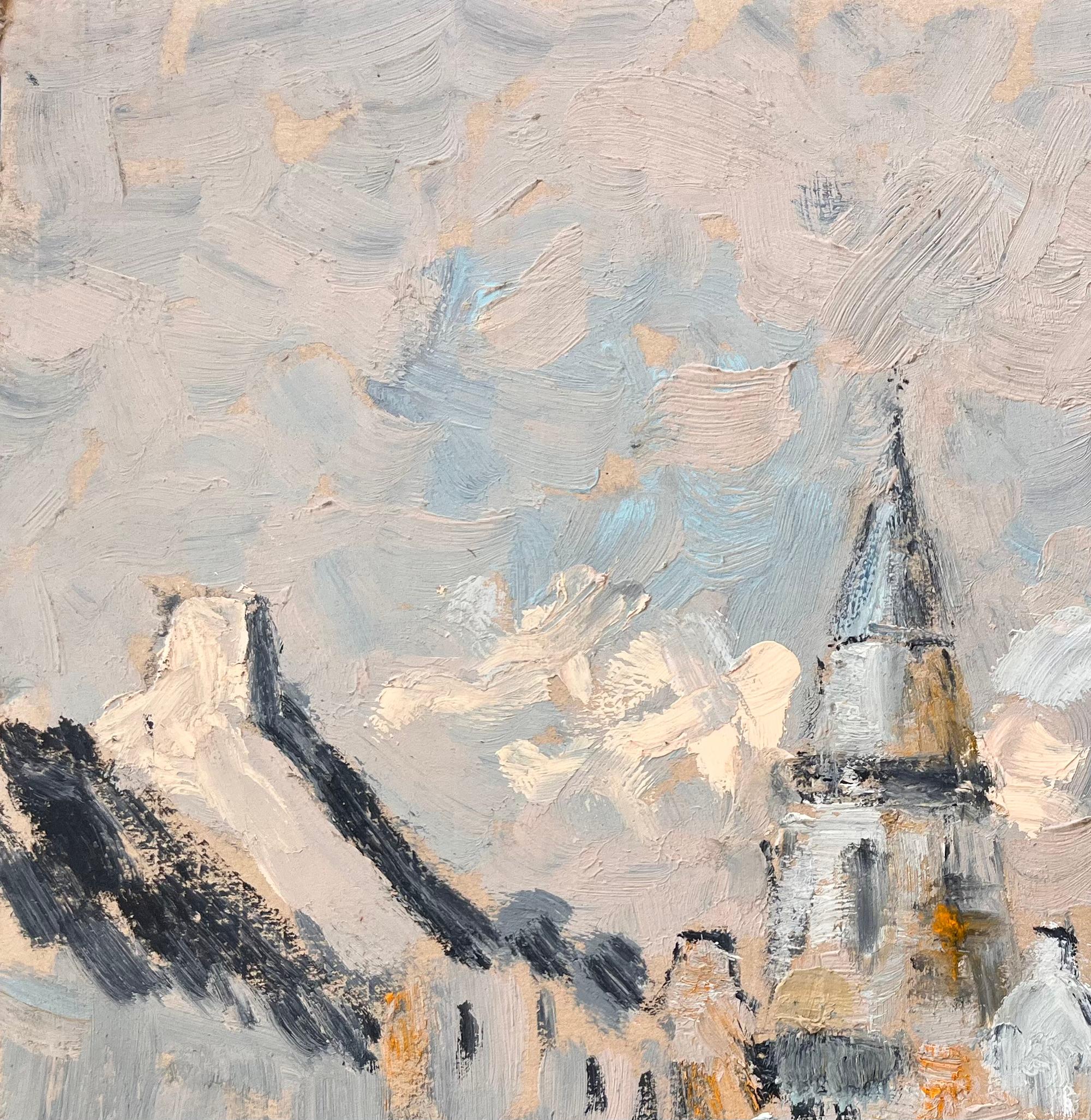 Scène de rue impressionniste avec tour d'église et personnages en lumière d'hiver en vente 1