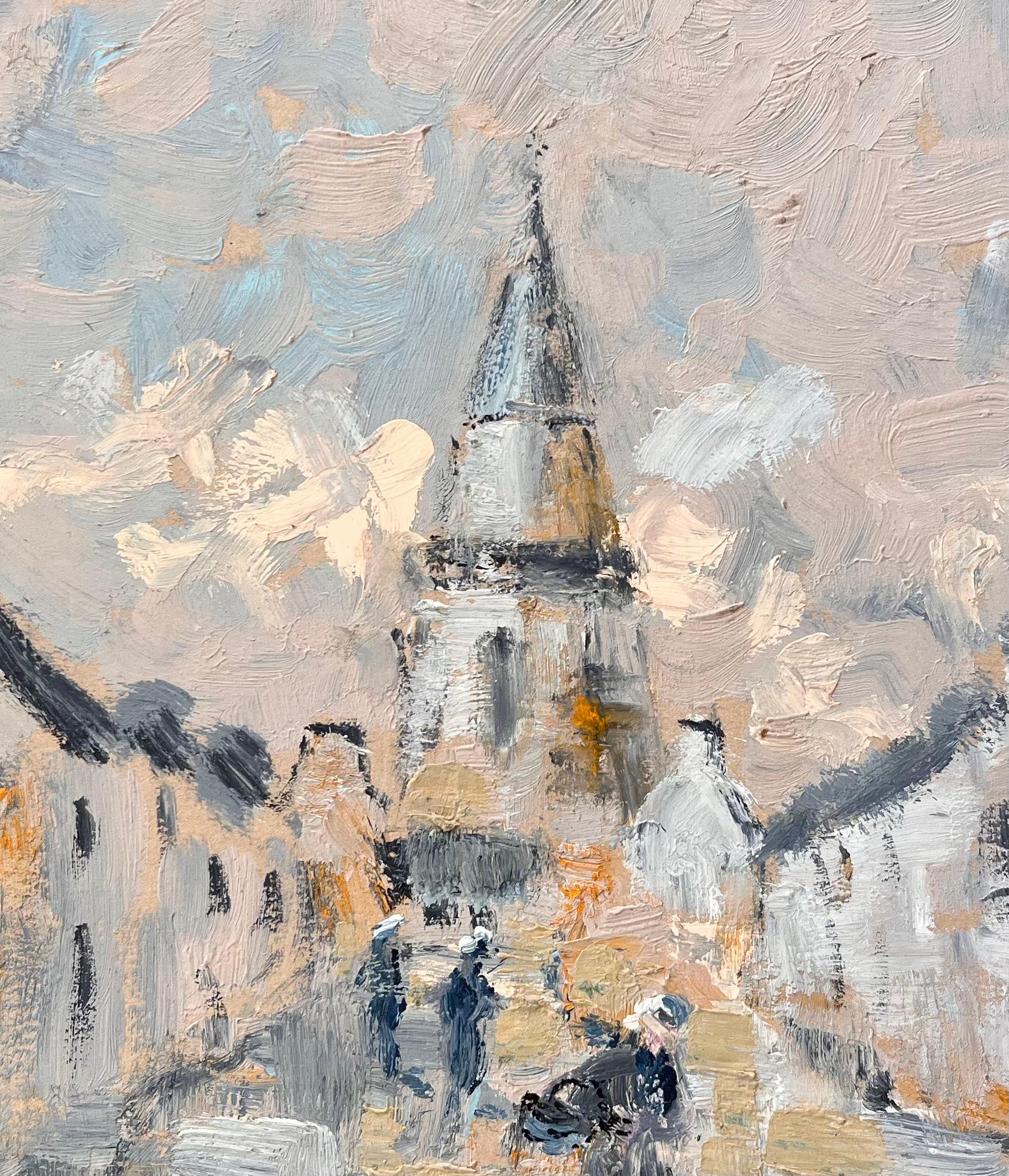 Scène de rue impressionniste avec tour d'église et personnages en lumière d'hiver en vente 2