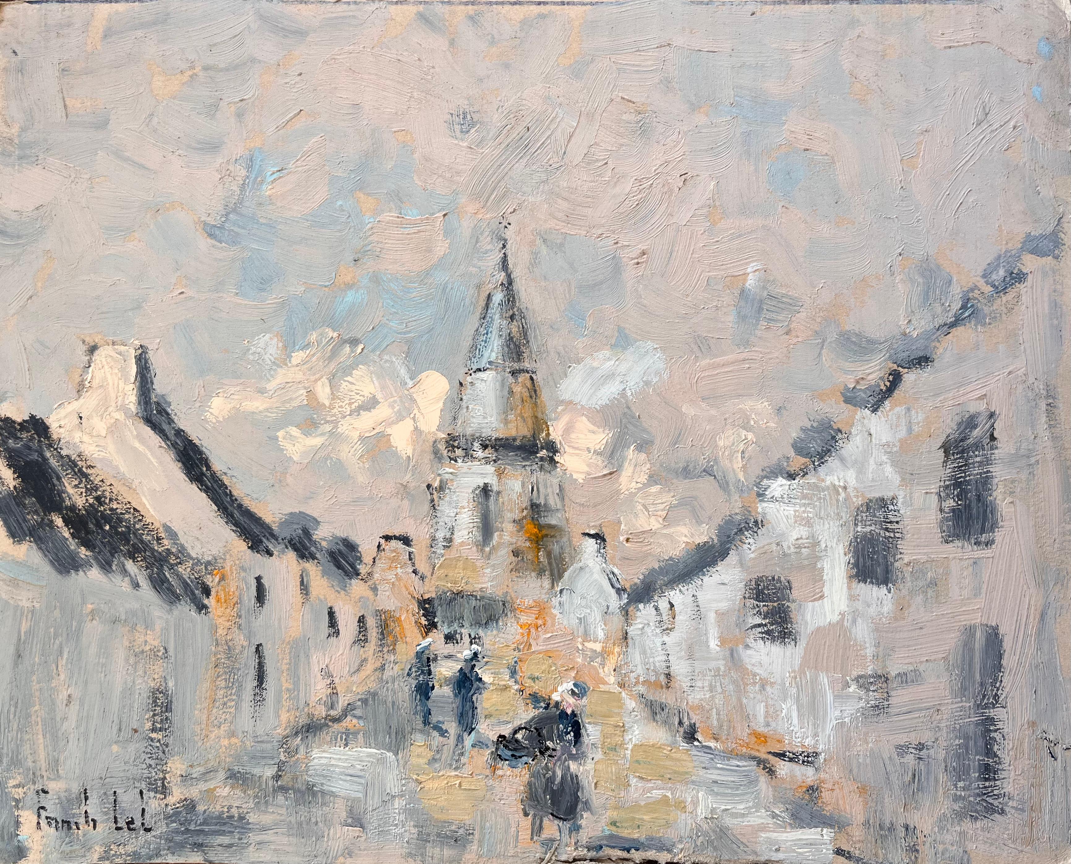 Scène de rue impressionniste avec tour d'église et personnages en lumière d'hiver