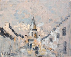 Impressionist Village Street Scene with Church Tower and Figures in Winter Light