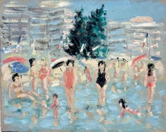 Ladies Day Sunbathing 
Swimming by the Shoreline with Umbrellas and High-Rises
